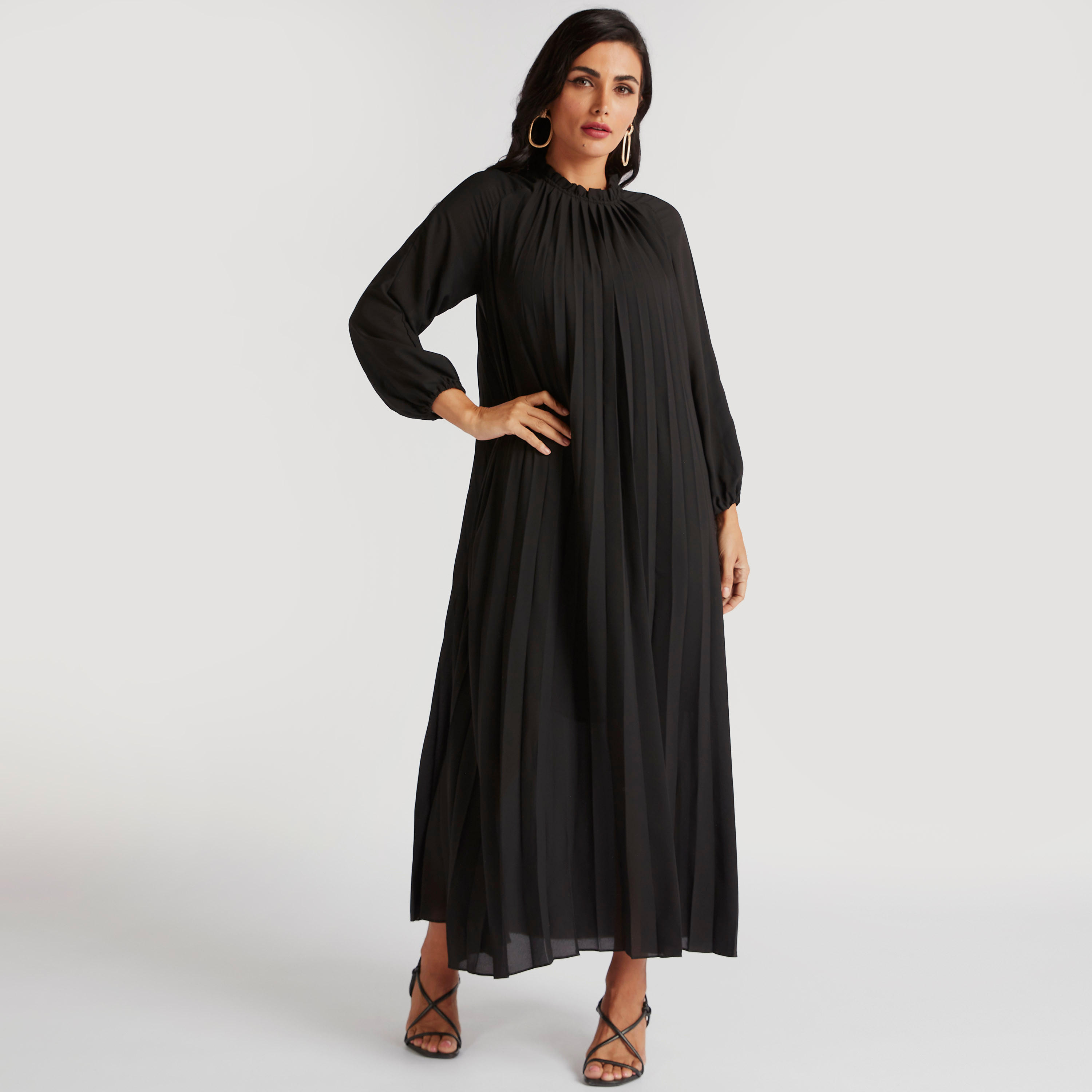 Solid A-Line Maxi Accordion Dress with Long Sleeves-women-clothing-dresses-image-2
