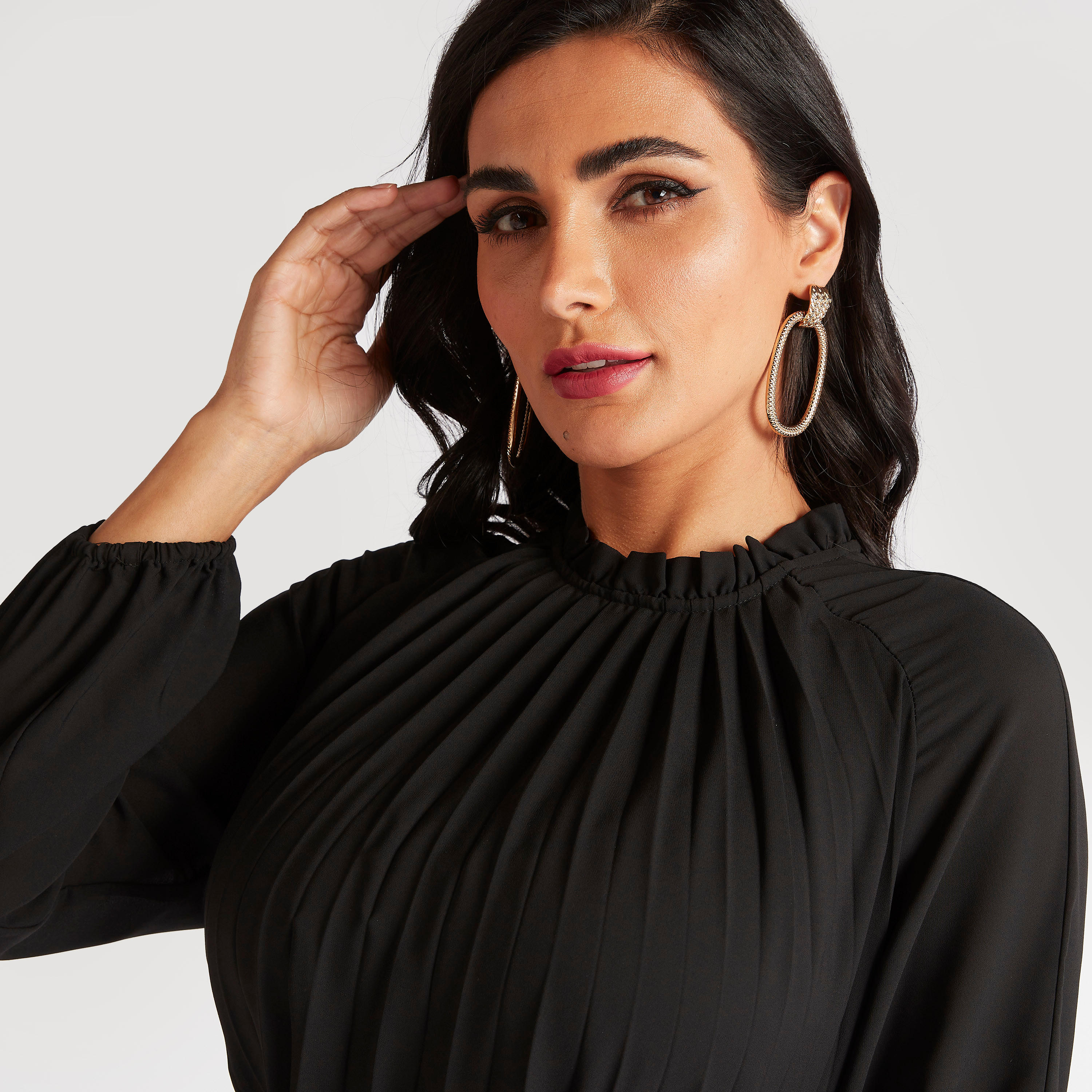 Solid A-Line Maxi Accordion Dress with Long Sleeves-women-clothing-dresses-image-3