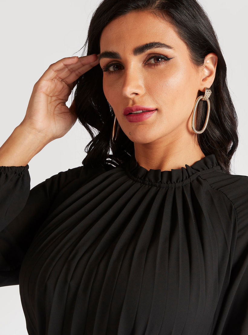 Solid A-Line Maxi Accordion Dress with Long Sleeves-women-clothing-dresses-image-3