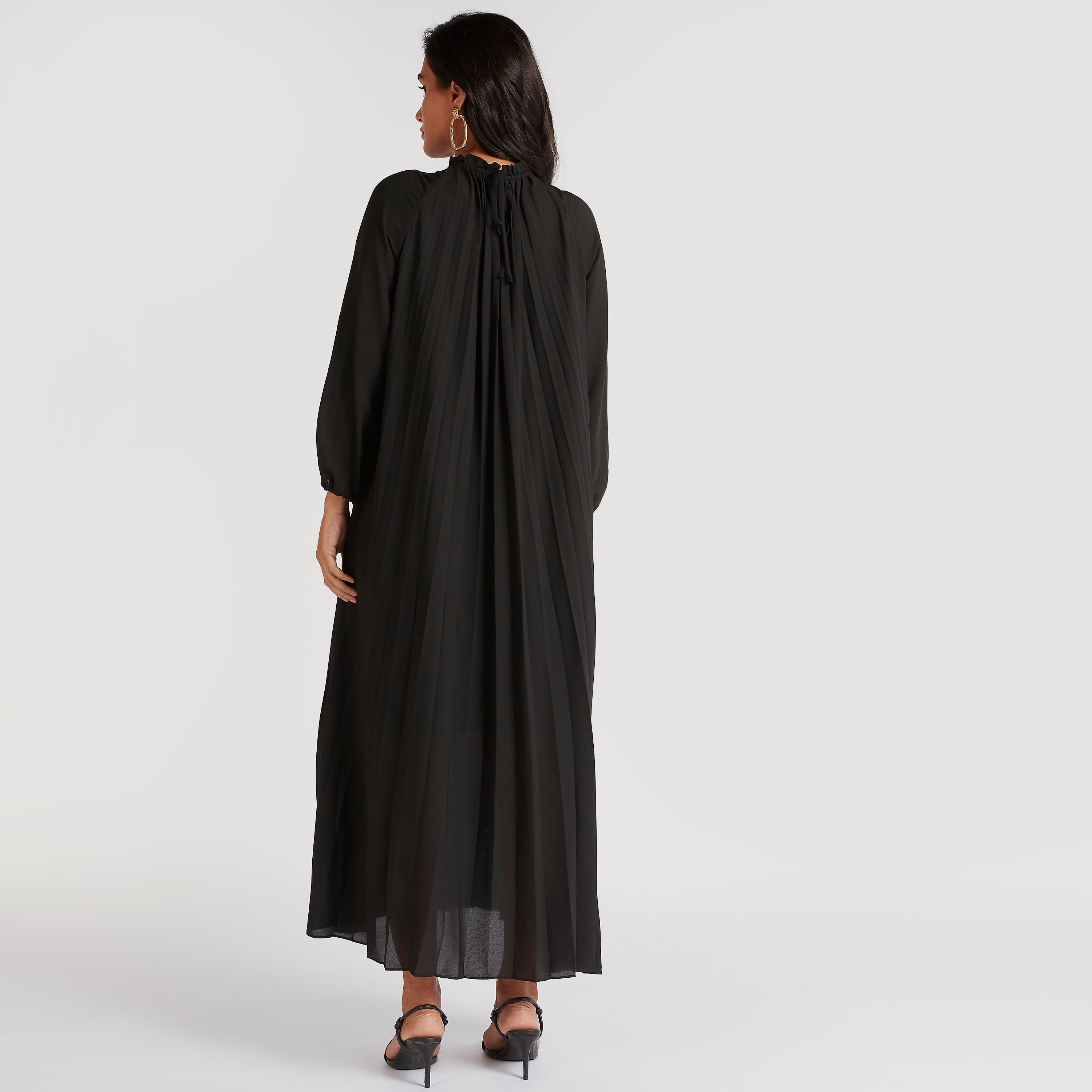 Solid A-Line Maxi Accordion Dress with Long Sleeves-women-clothing-dresses-image-4