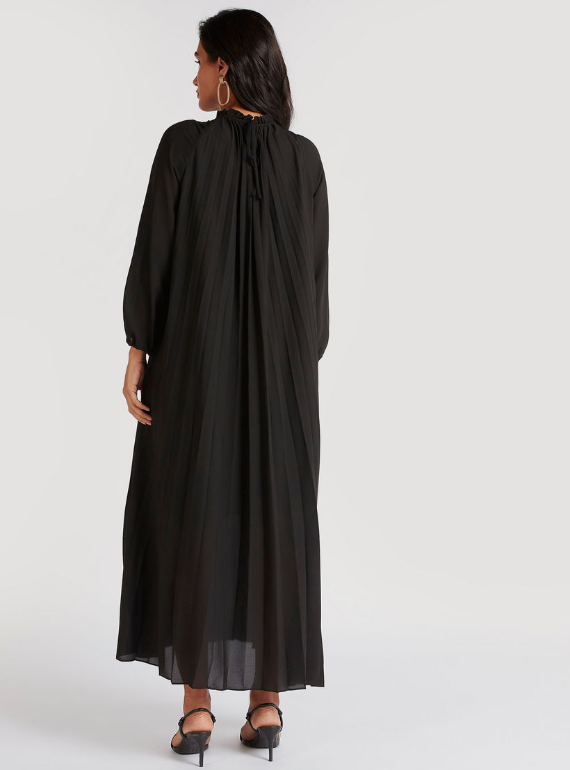 Solid A-Line Maxi Accordion Dress with Long Sleeves-women-clothing-dresses-image-4