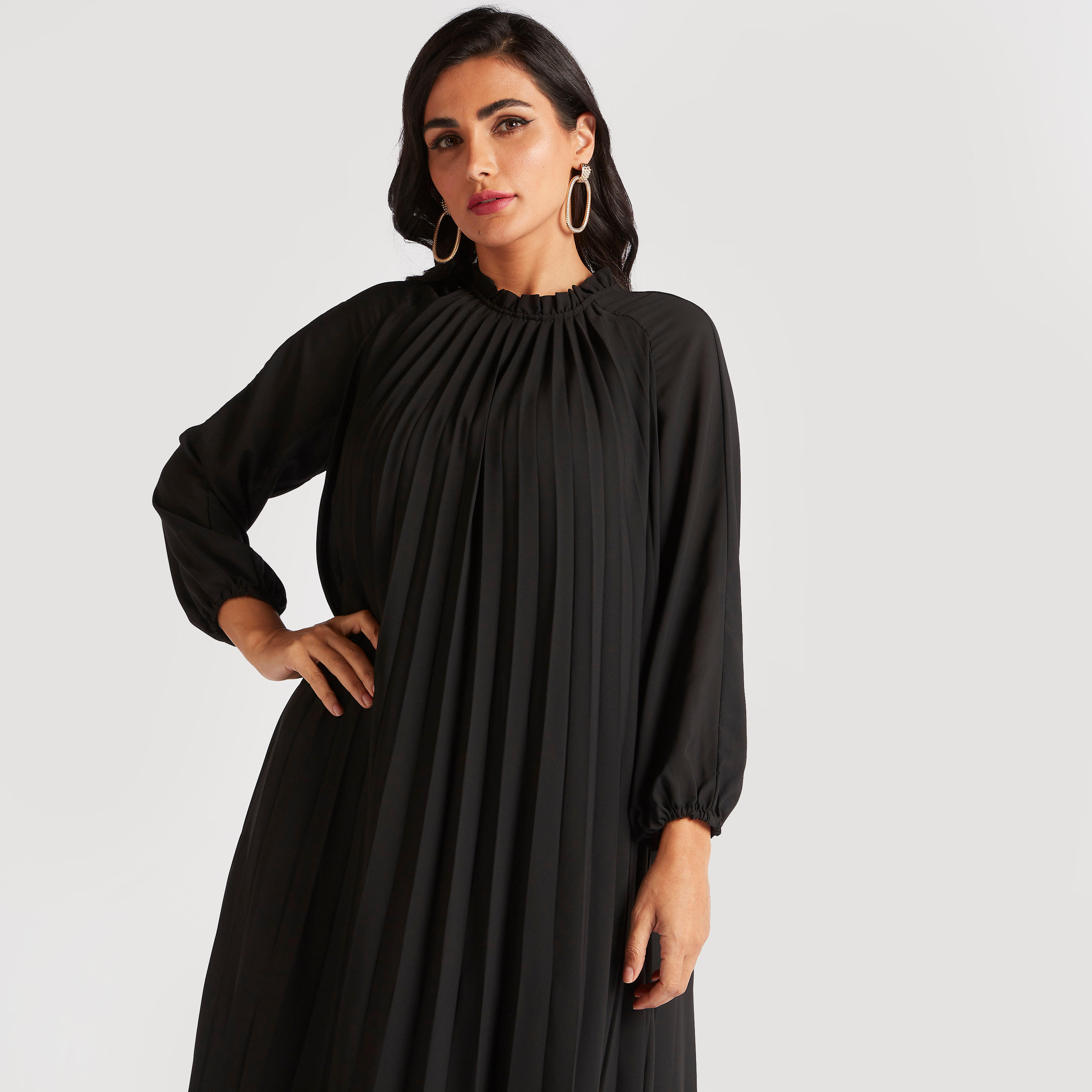 Solid A-Line Maxi Accordion Dress with Long Sleeves-women-clothing-dresses-image-5