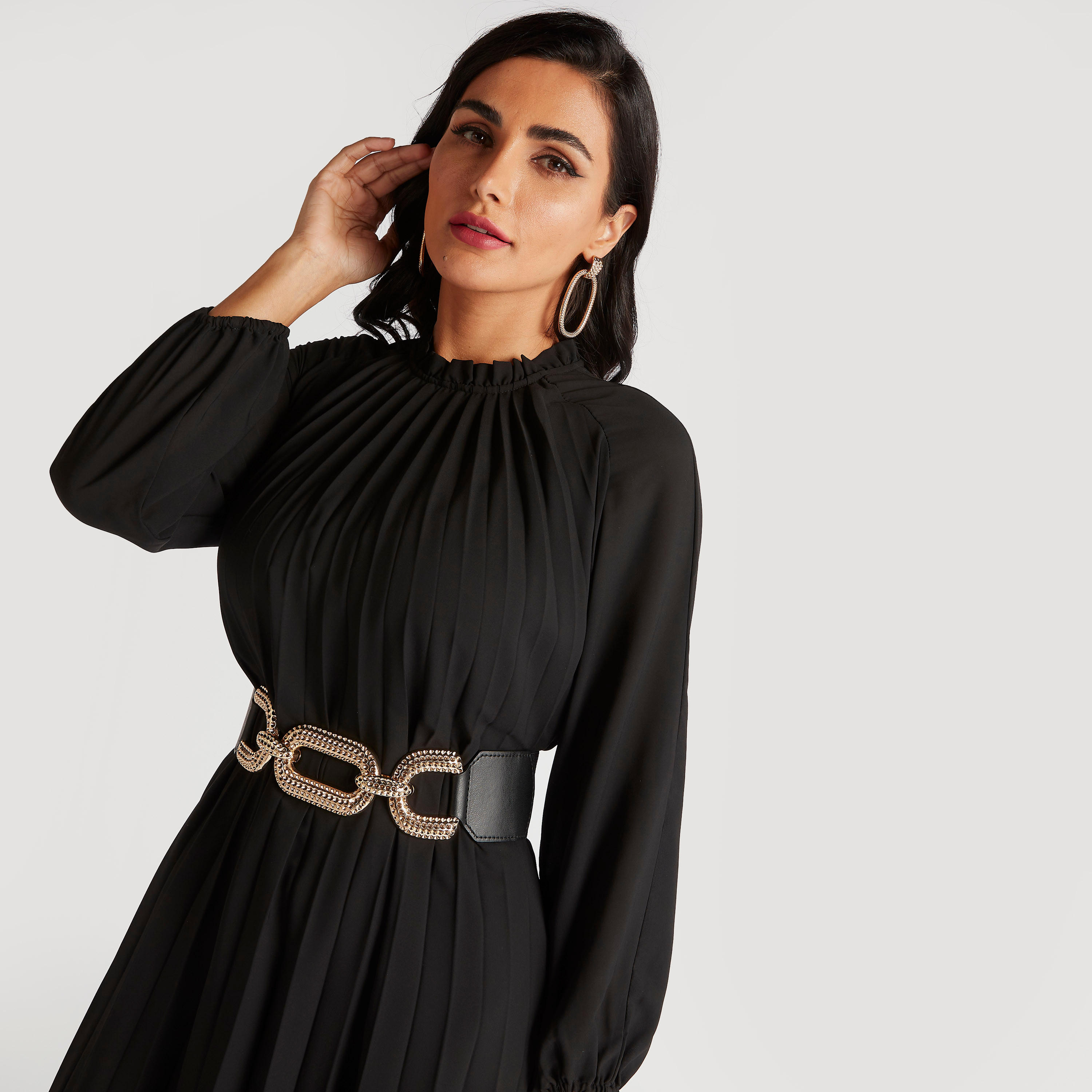 Solid A-Line Maxi Accordion Dress with Long Sleeves-women-clothing-dresses-image-6