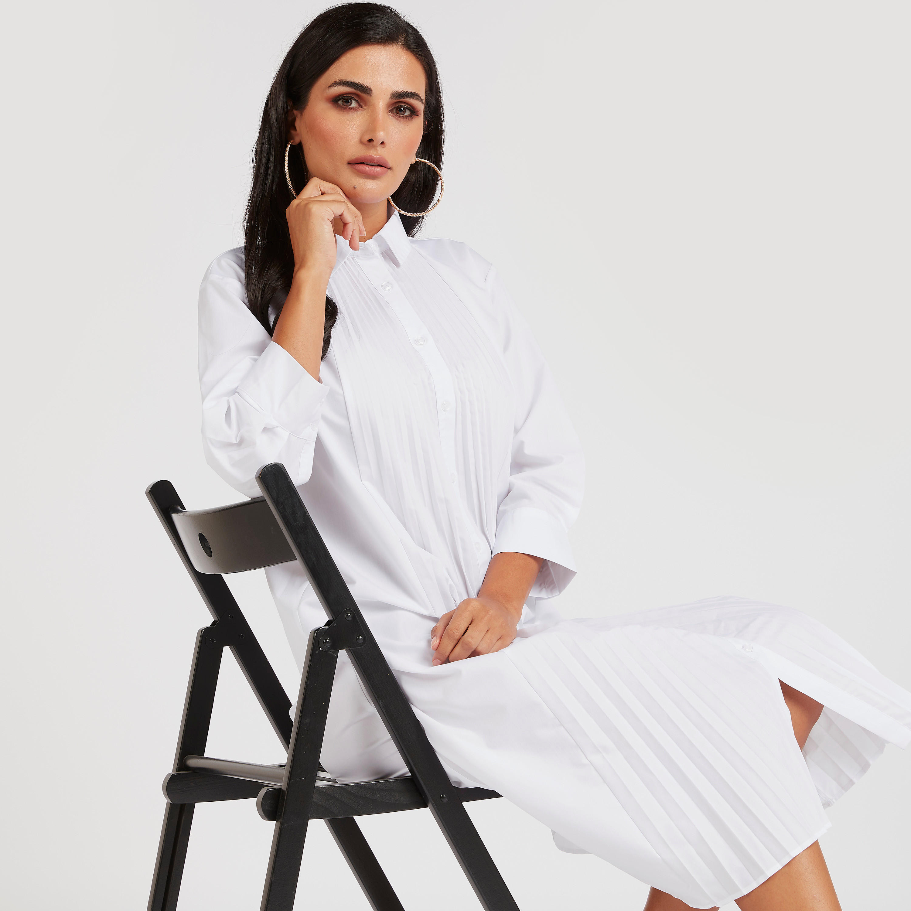 فستان قميص ميدي بكُسرات وأكمام 3/4-women-clothing-dresses-image-1