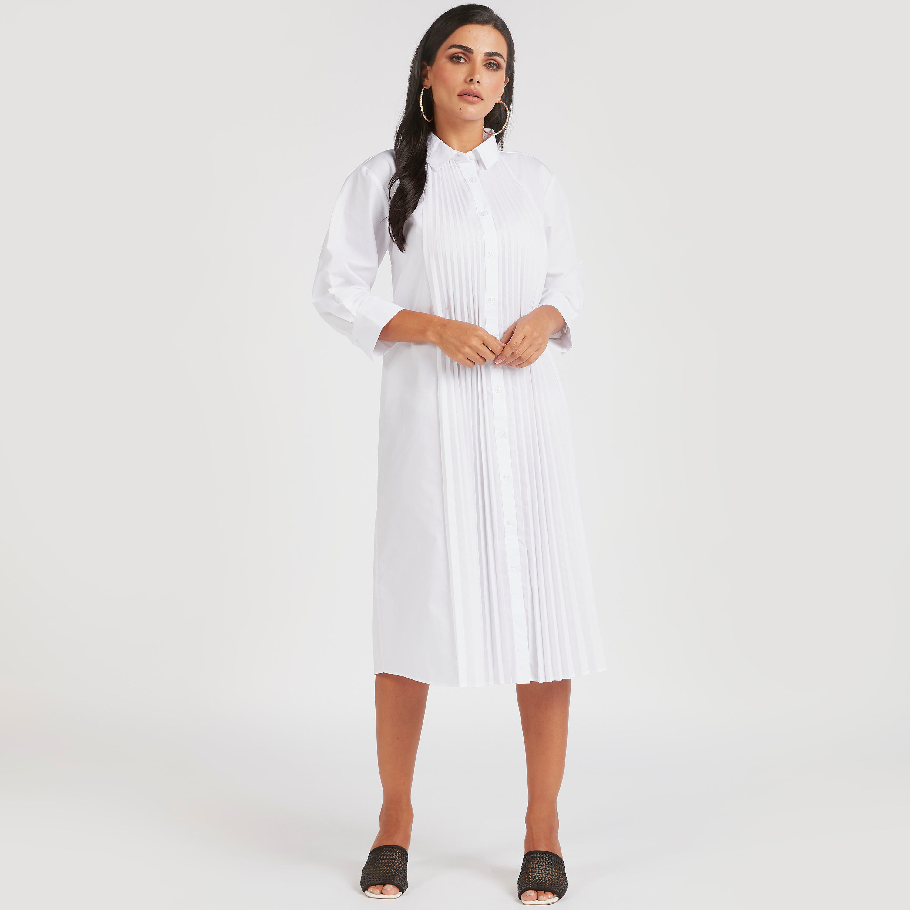 فستان قميص ميدي بكُسرات وأكمام 3/4-women-clothing-dresses-image-2