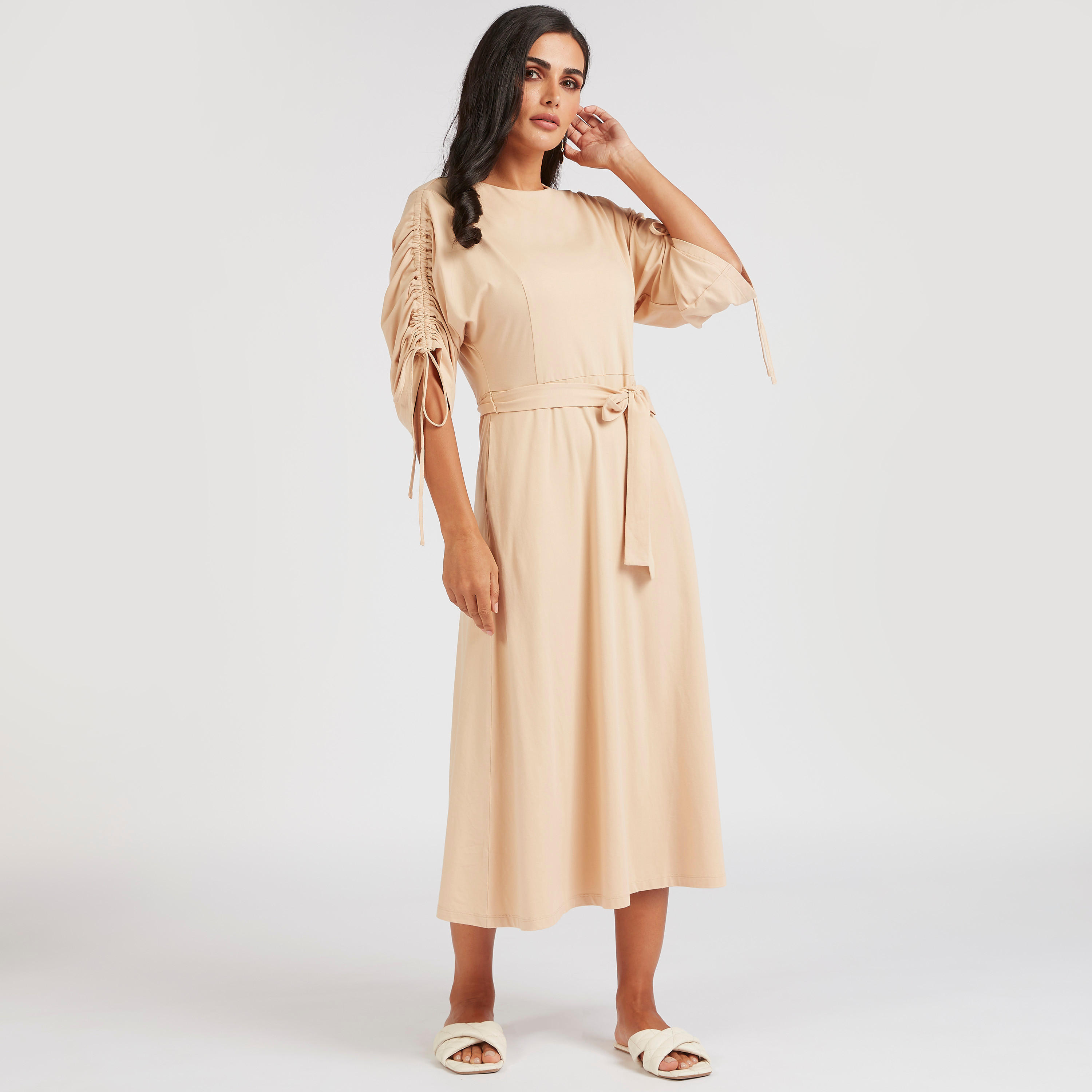فستان ميدي إيه لاين سادة بكسرات وجيوب-women-clothing-dresses-image-2