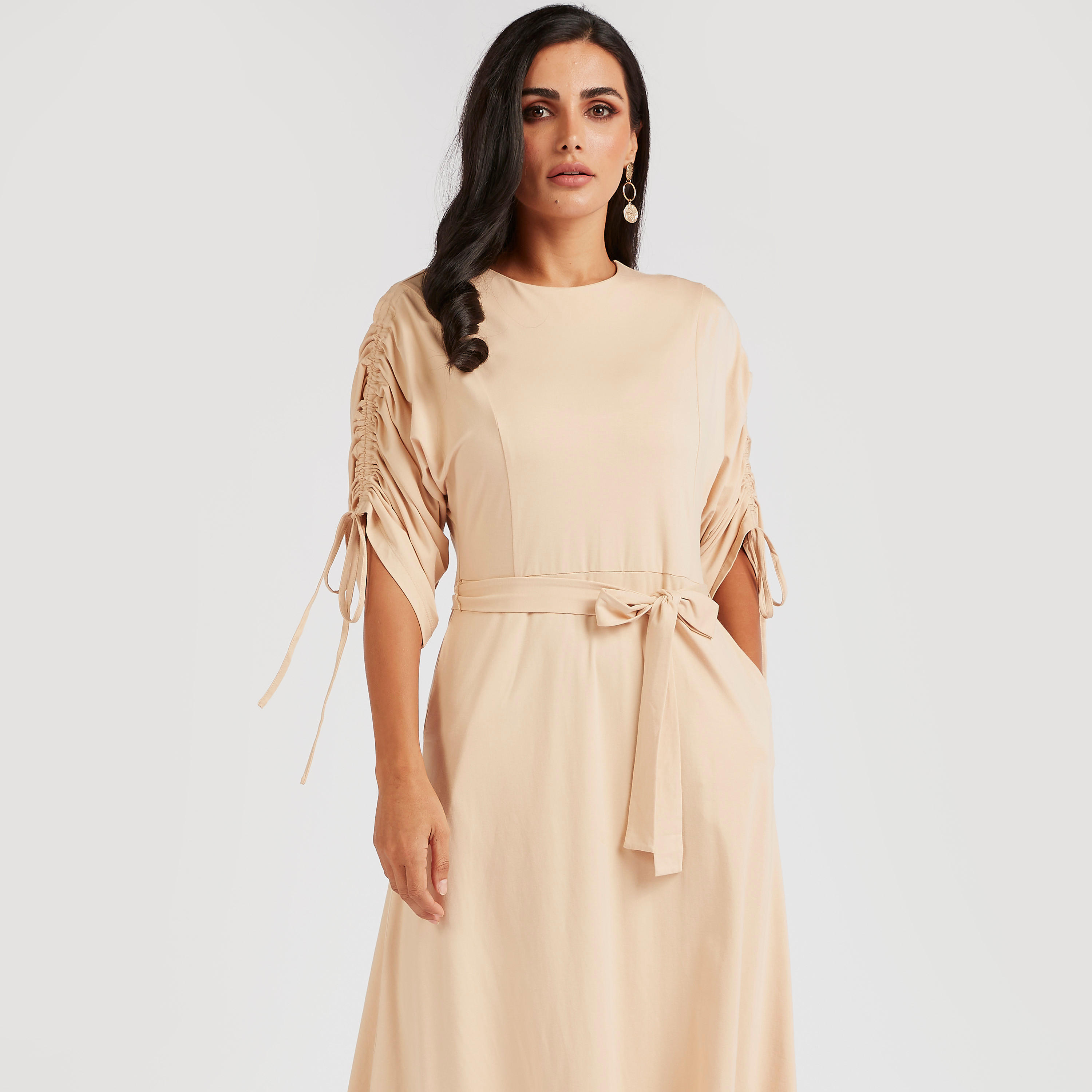فستان ميدي إيه لاين سادة بكسرات وجيوب-women-clothing-dresses-image-6