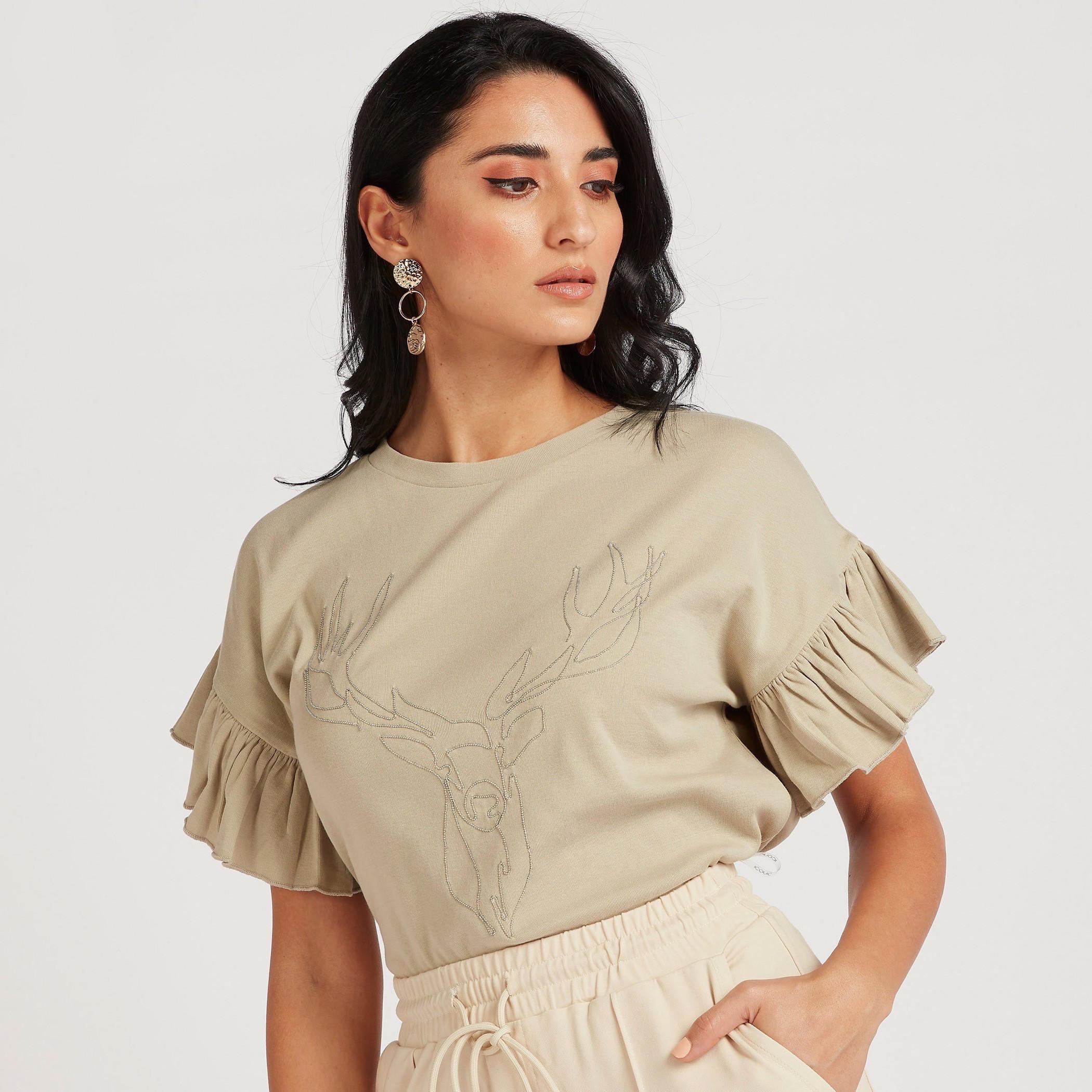 Embroidered Crew Neck Top with Short Frill Sleeves-women-clothing-shirtsandblouses-blouses-image-1
