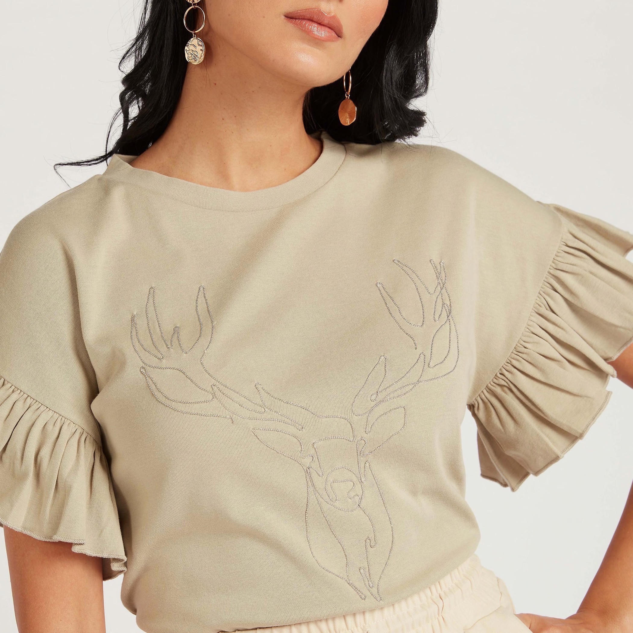 Embroidered Crew Neck Top with Short Frill Sleeves-women-clothing-shirtsandblouses-blouses-image-3
