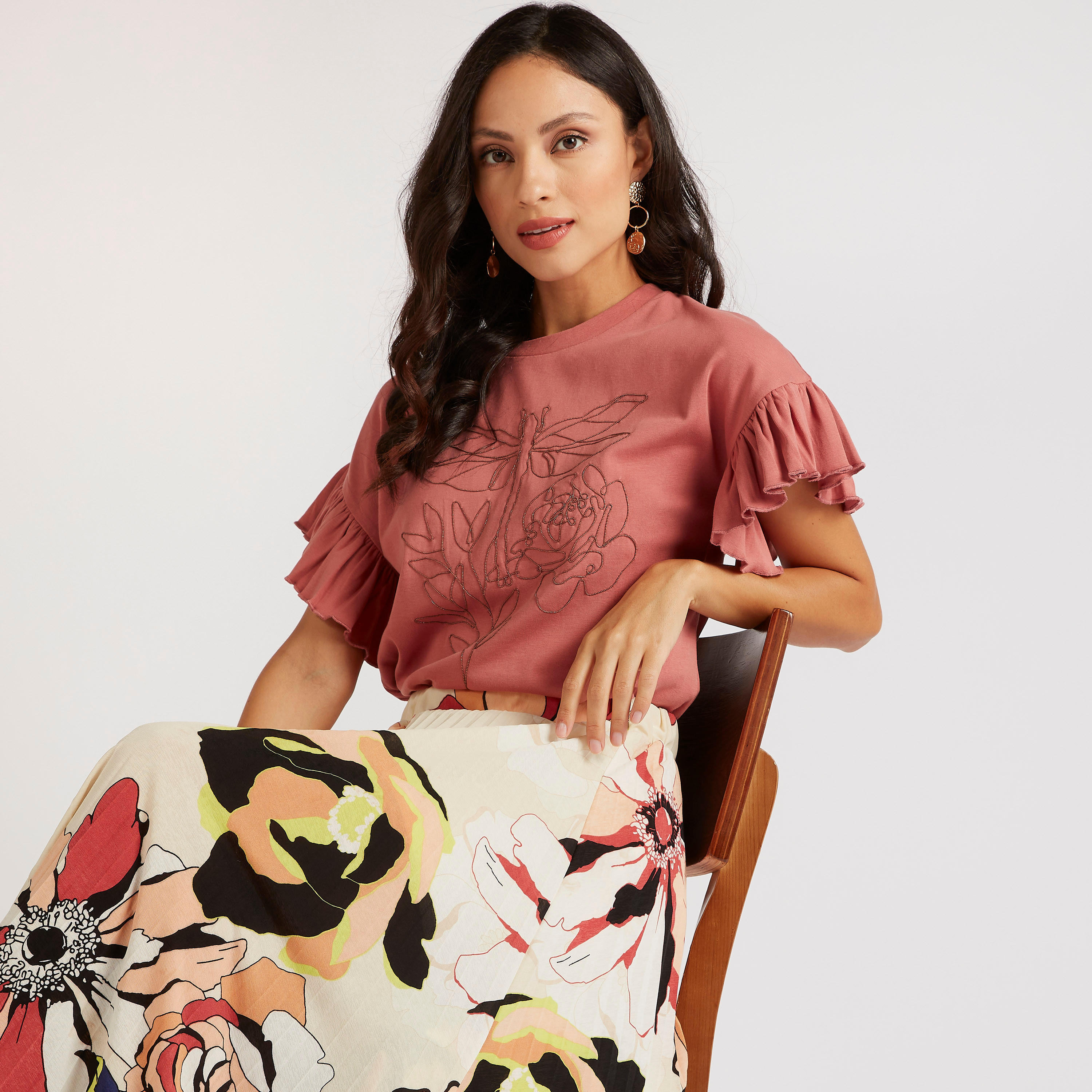Embellished Crew Neck Top with Short Frill Sleeves-women-clothing-shirtsandblouses-blouses-image-1