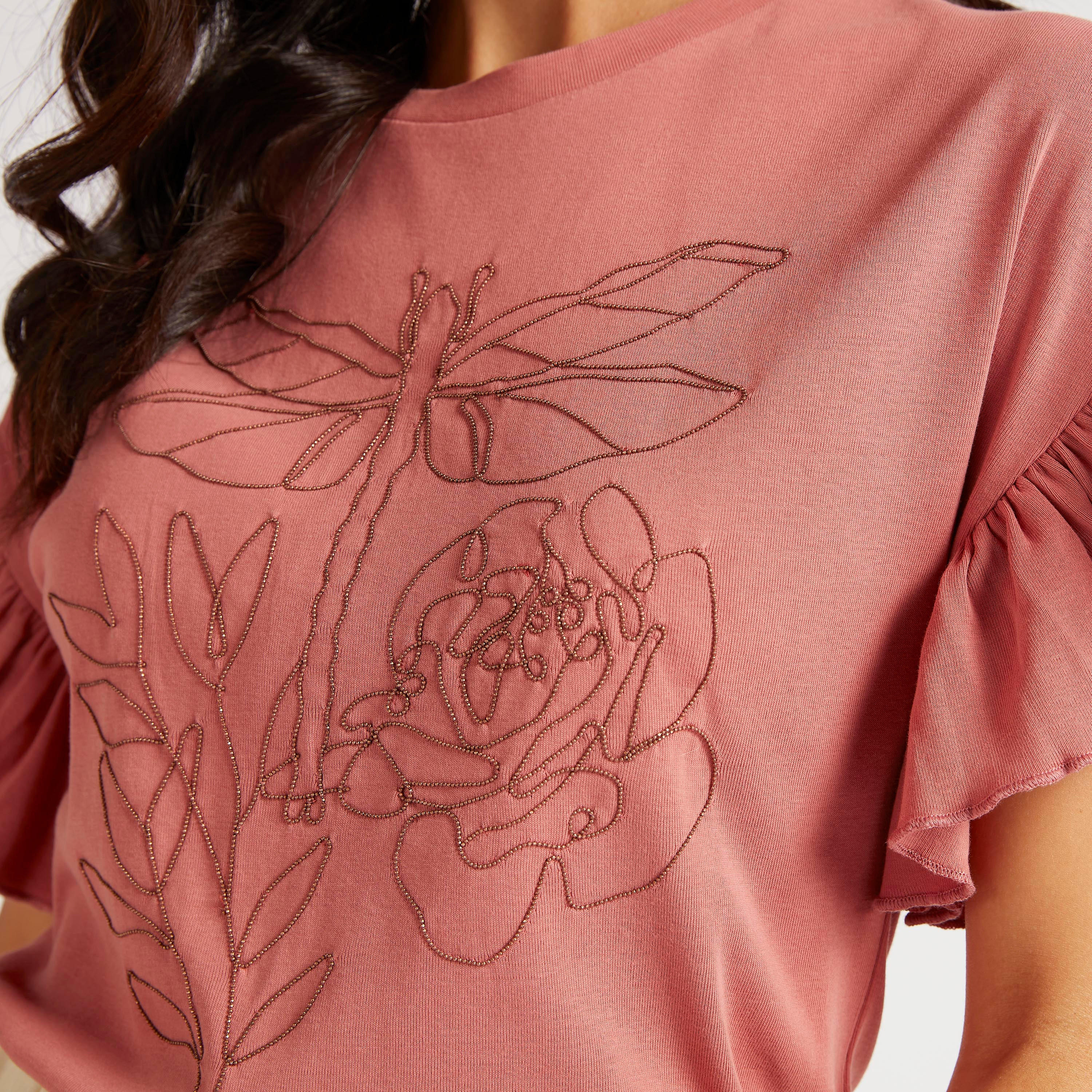 Embellished Crew Neck Top with Short Frill Sleeves-women-clothing-shirtsandblouses-blouses-image-3