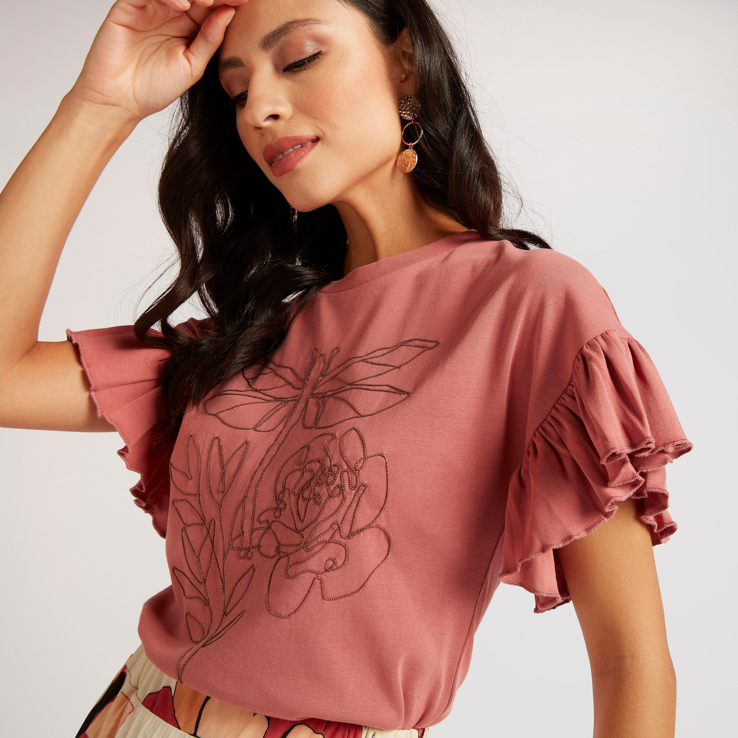 Embellished Crew Neck Top with Short Frill Sleeves-women-clothing-shirtsandblouses-blouses-image-5