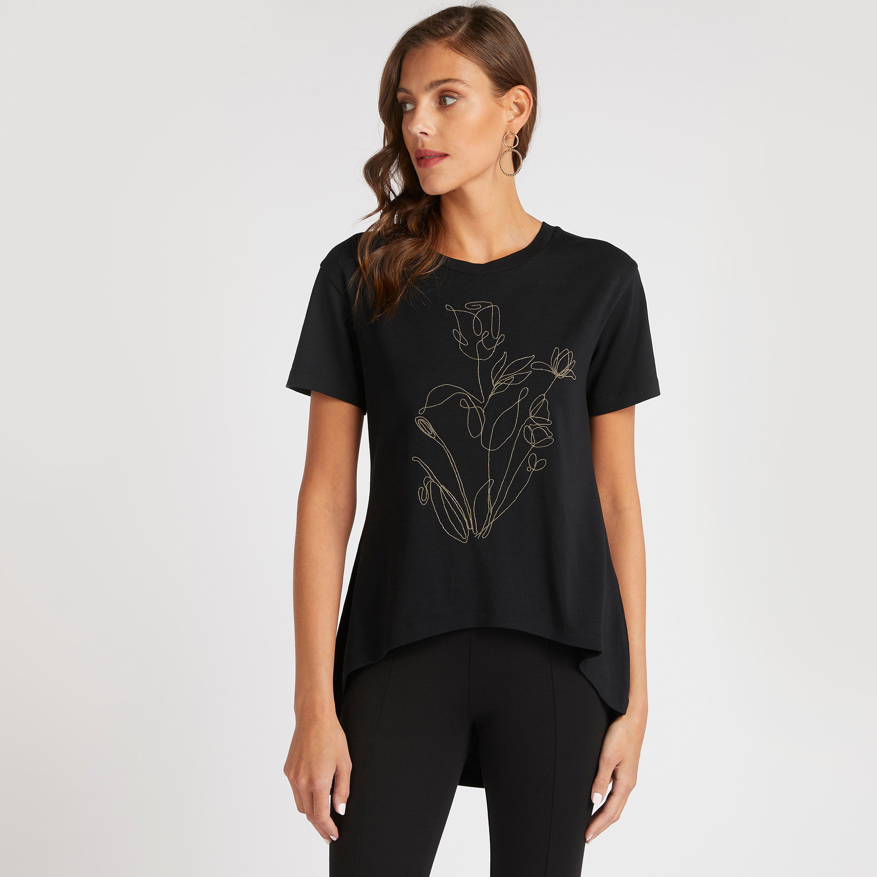 Embellished Round Neck T-shirt with Short Sleeves-women-clothing-tshirts-image-1