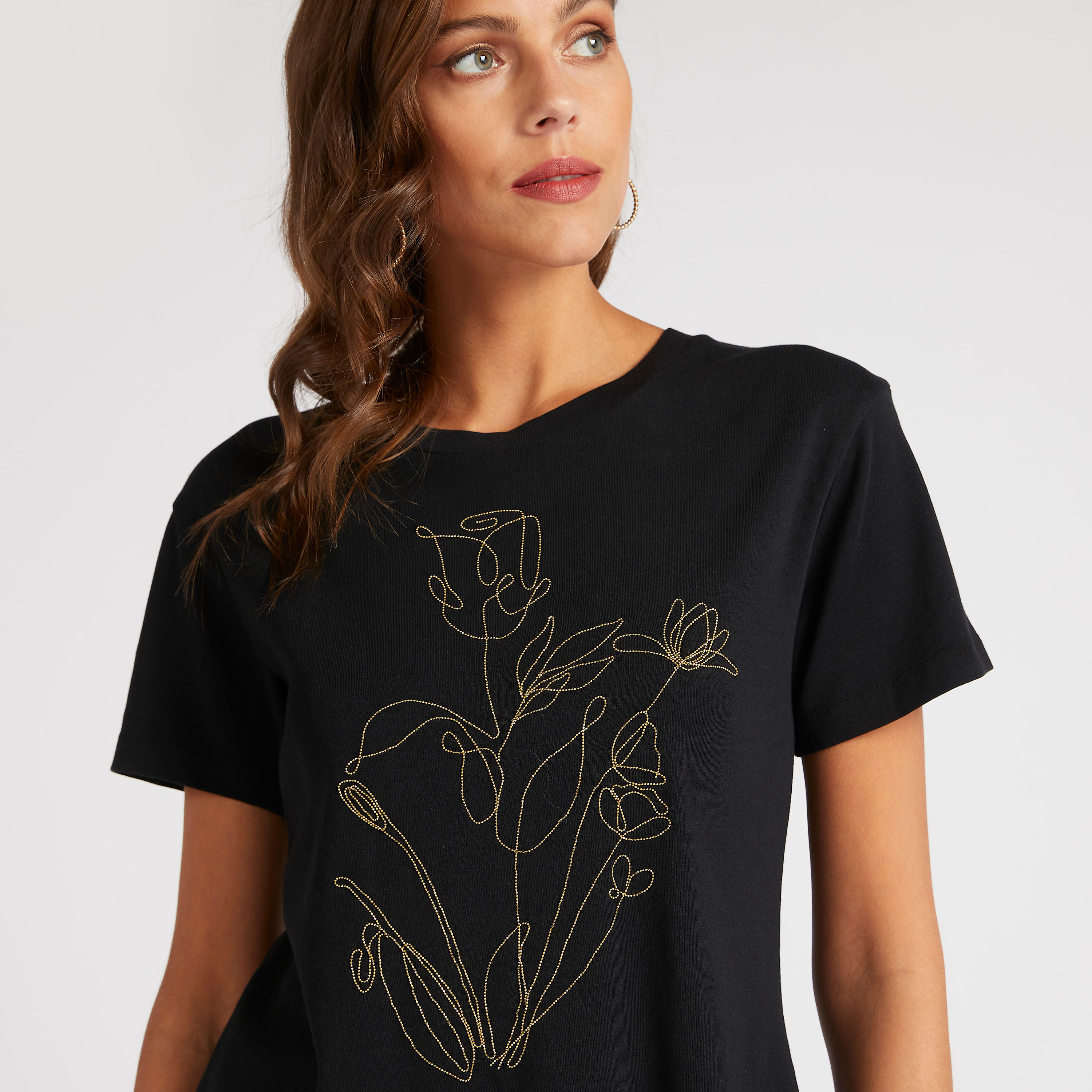 Embellished Round Neck T-shirt with Short Sleeves-women-clothing-tshirts-image-3