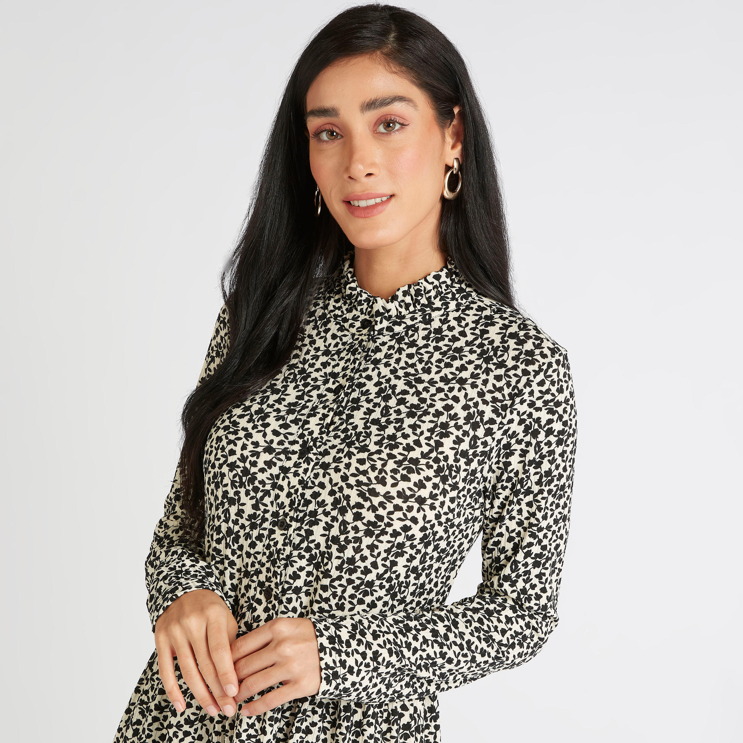 فستان إيه لاين قصير بطبعات أزهار وياقة عالية وأكمام طويلة-women-clothing-dresses-image-5