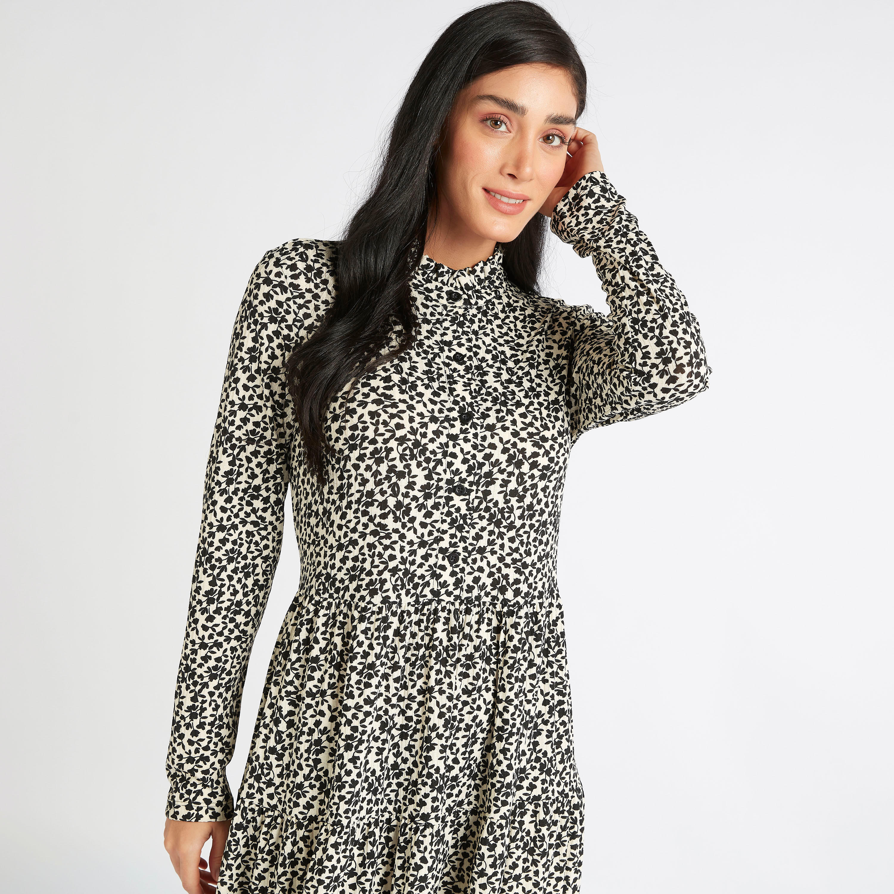 فستان إيه لاين قصير بطبعات أزهار وياقة عالية وأكمام طويلة-women-clothing-dresses-image-6