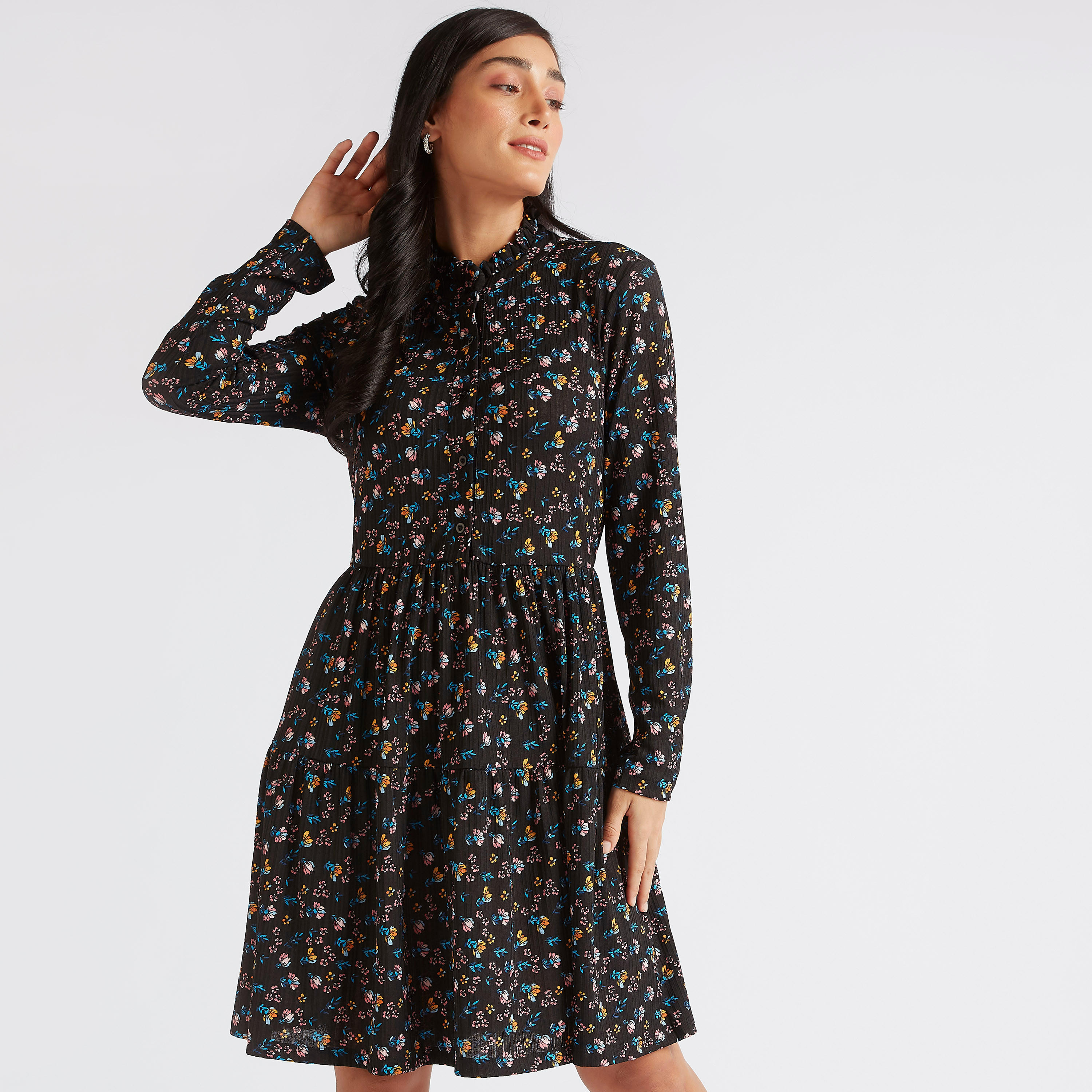 فستان إيه لاين ميدي بياقة عالية وأكمام طويلة-women-clothing-dresses-image-1