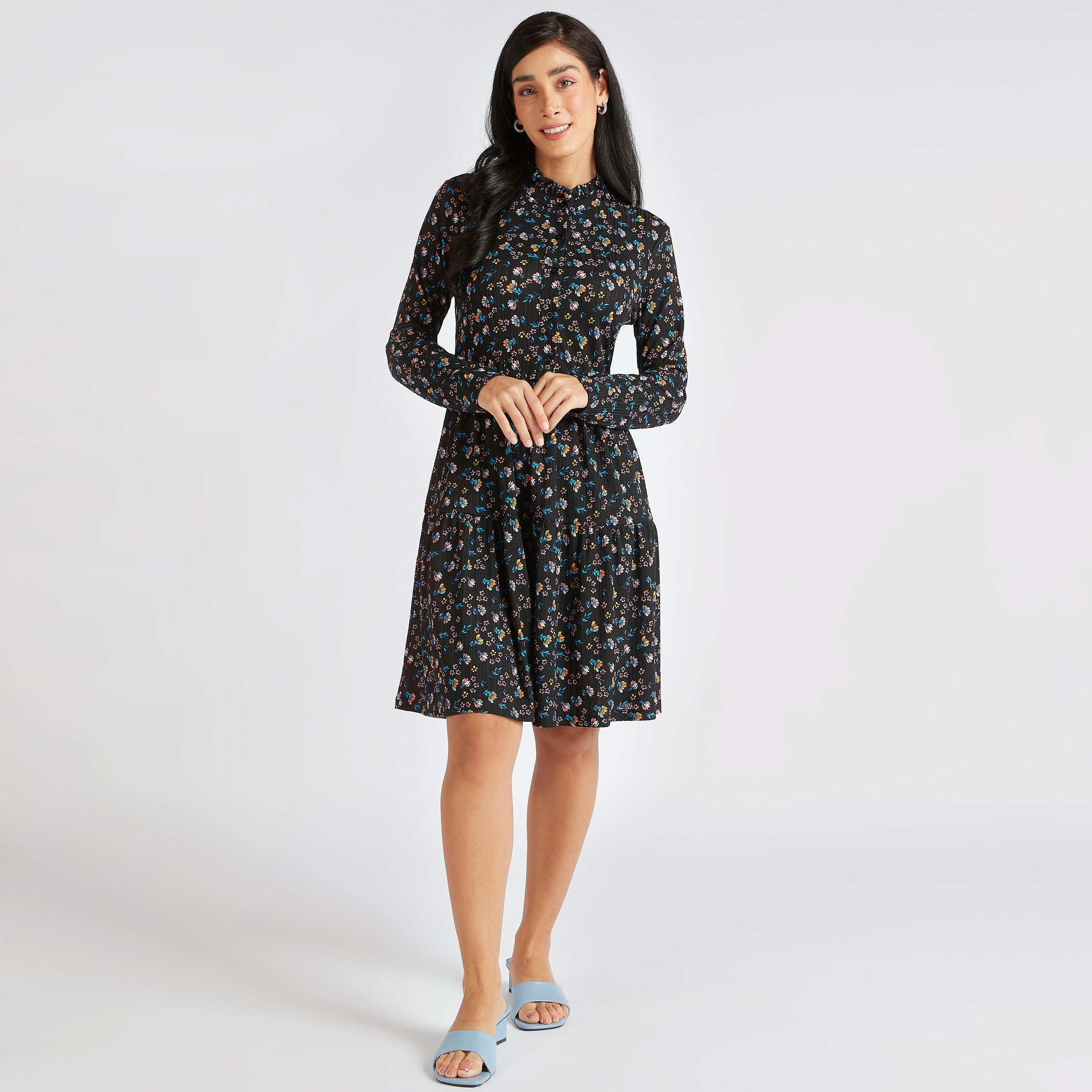 فستان إيه لاين ميدي بياقة عالية وأكمام طويلة-women-clothing-dresses-image-2