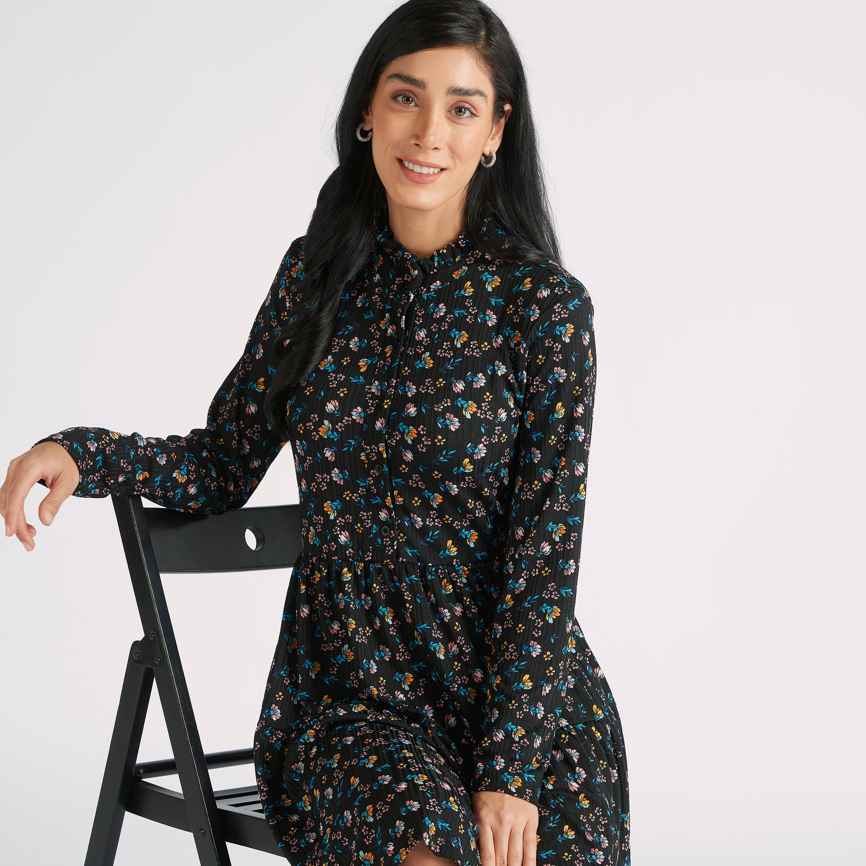 فستان إيه لاين ميدي بياقة عالية وأكمام طويلة-women-clothing-dresses-image-5