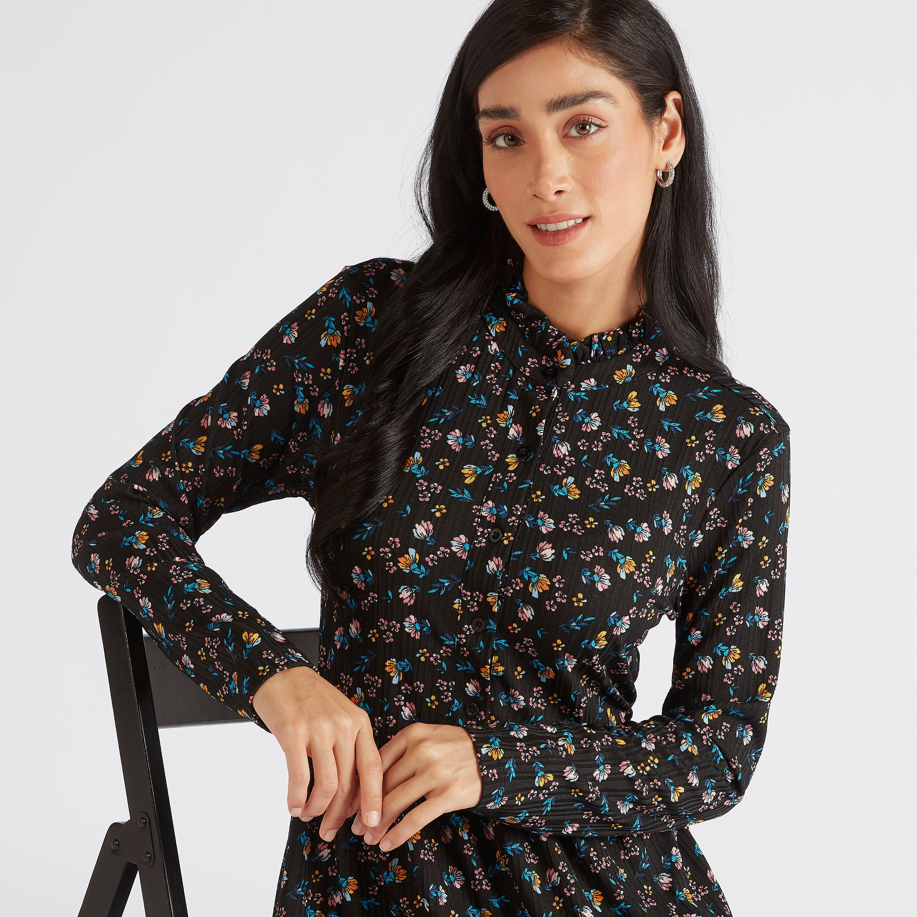 فستان إيه لاين ميدي بياقة عالية وأكمام طويلة-women-clothing-dresses-image-6