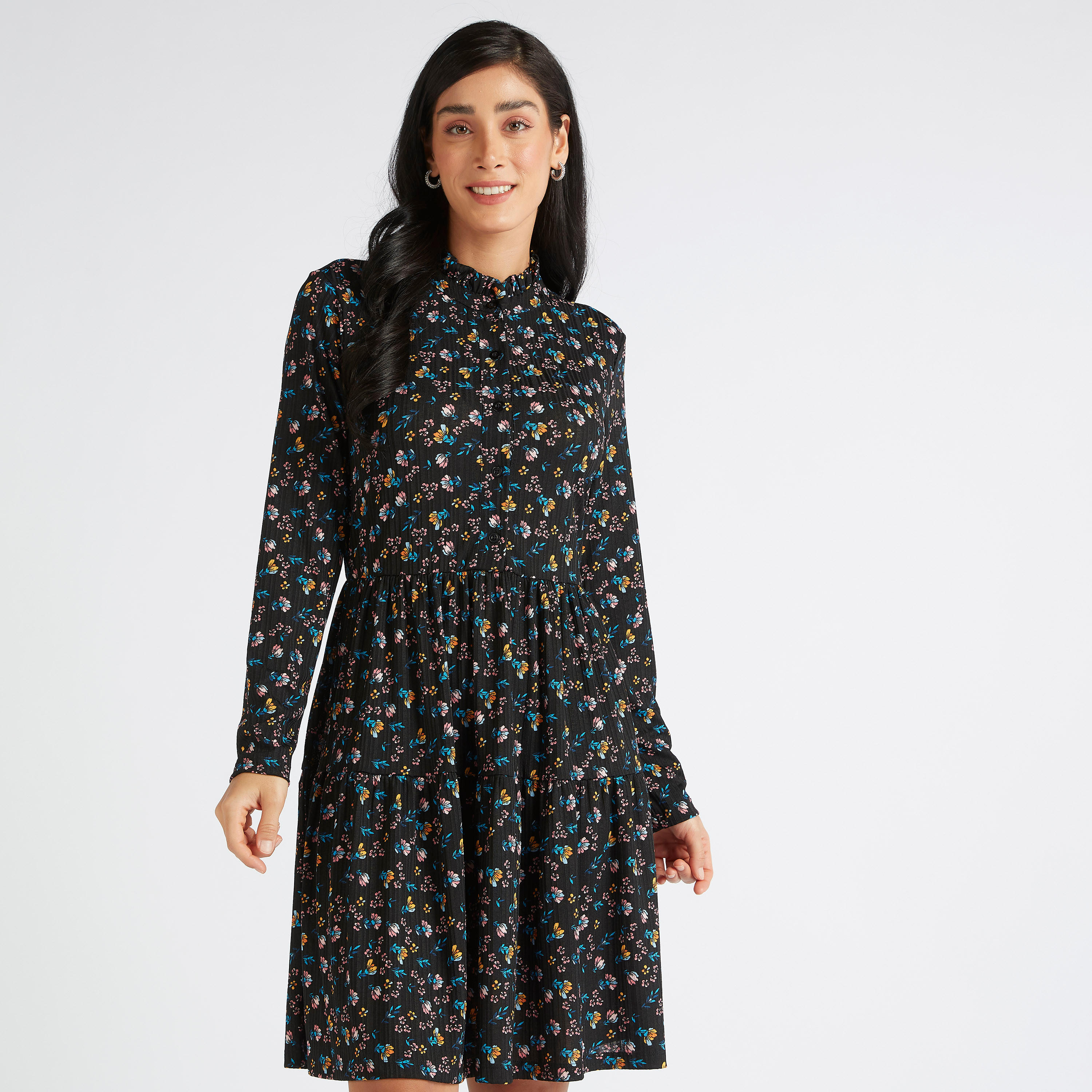 فستان إيه لاين ميدي بياقة عالية وأكمام طويلة-women-clothing-dresses-image-7