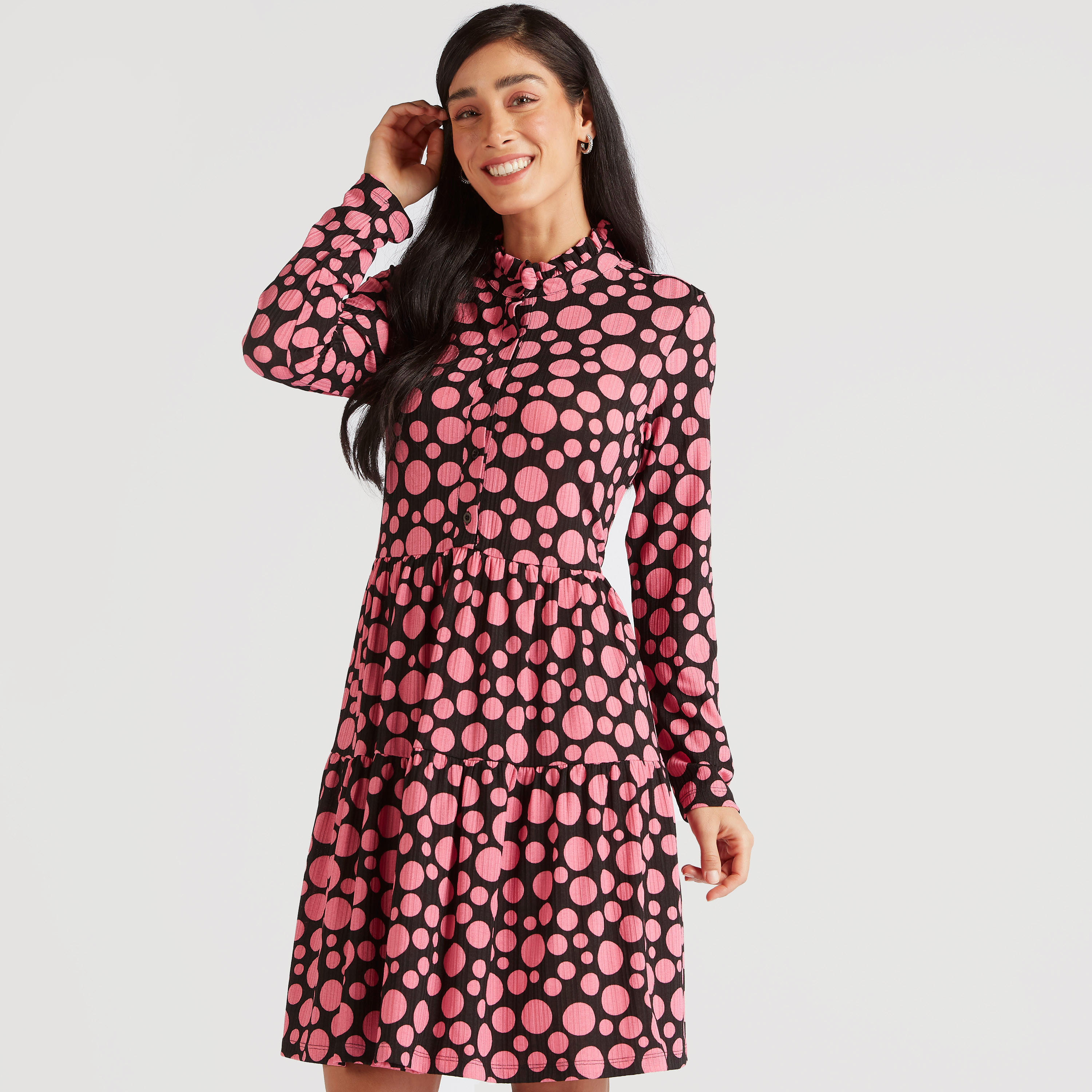 Printed High Neck Midi A-line Dress with Long Sleeves-women-clothing-dresses-image-1