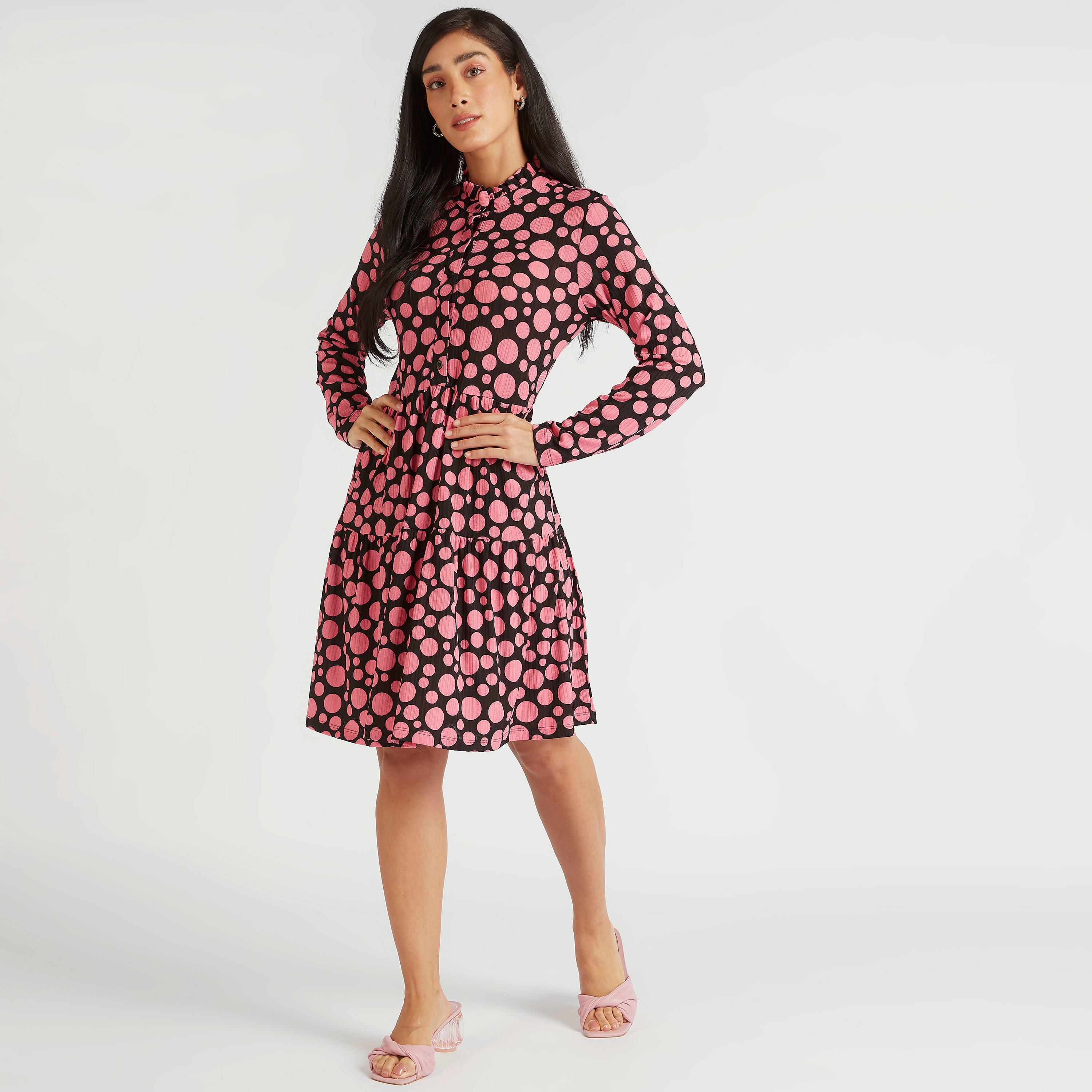Printed High Neck Midi A-line Dress with Long Sleeves-women-clothing-dresses-image-2