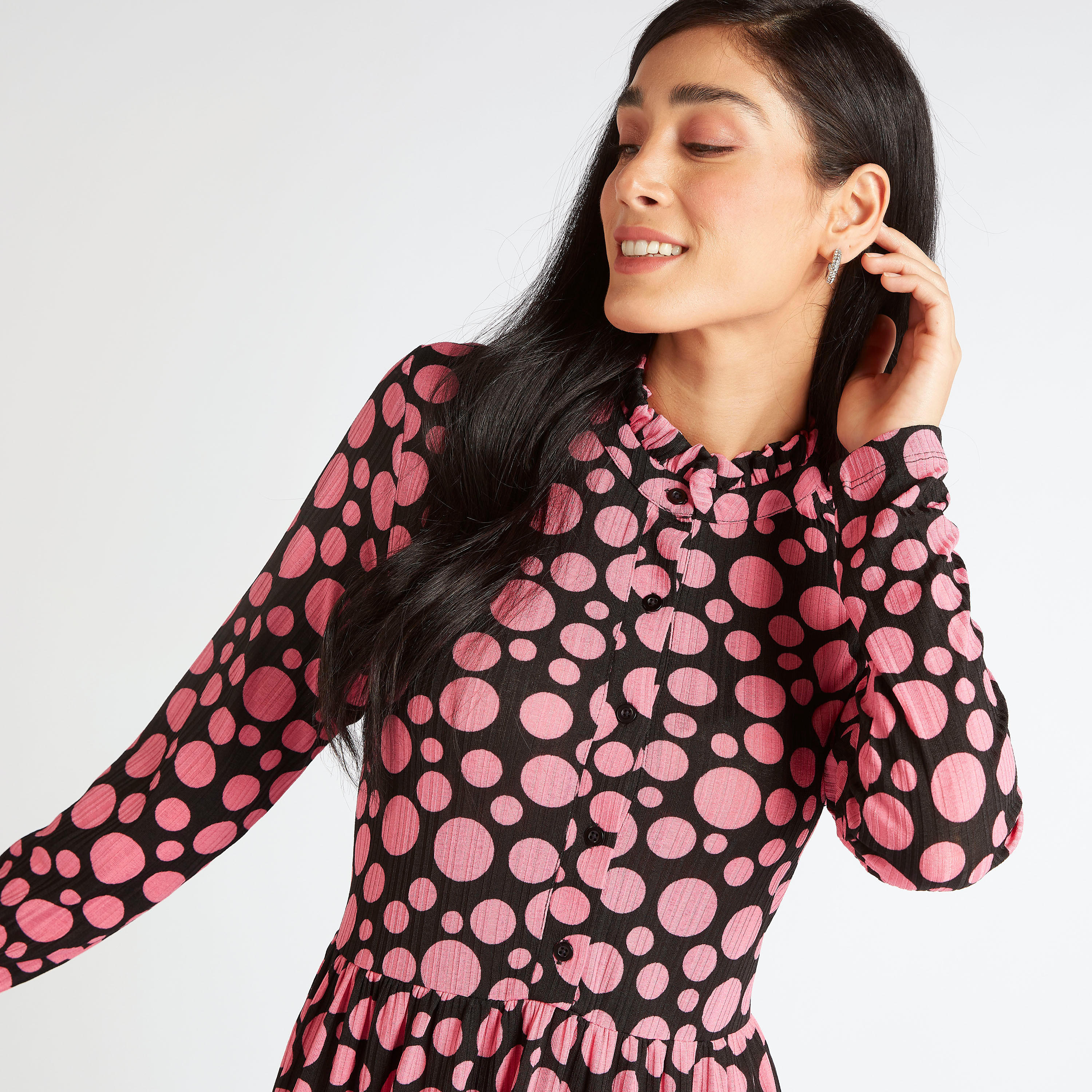 Printed High Neck Midi A-line Dress with Long Sleeves-women-clothing-dresses-image-3