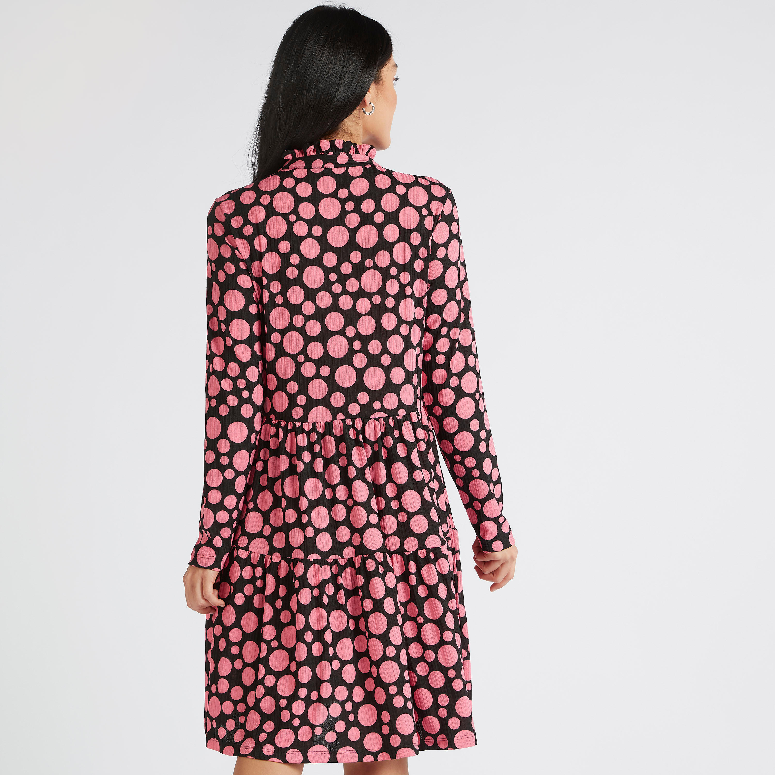 Printed High Neck Midi A-line Dress with Long Sleeves-women-clothing-dresses-image-4