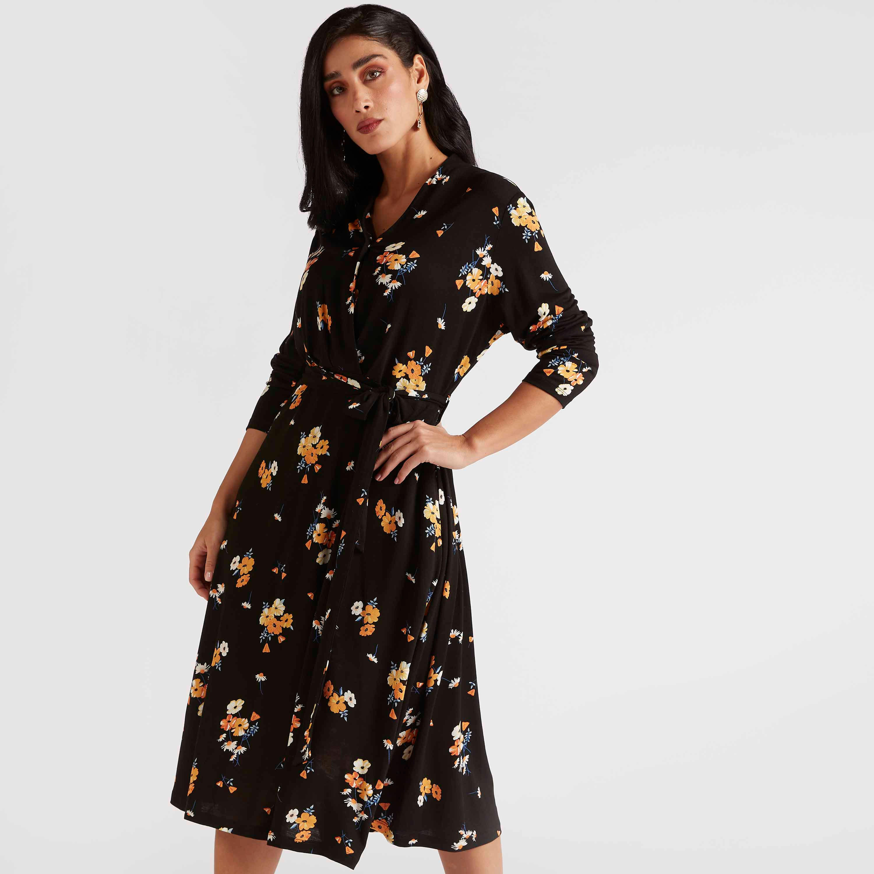 فستان ملفوف ميدي بياقة v وطبعات أزهار وتفاصيل أربطة-women-clothing-dresses-image-1