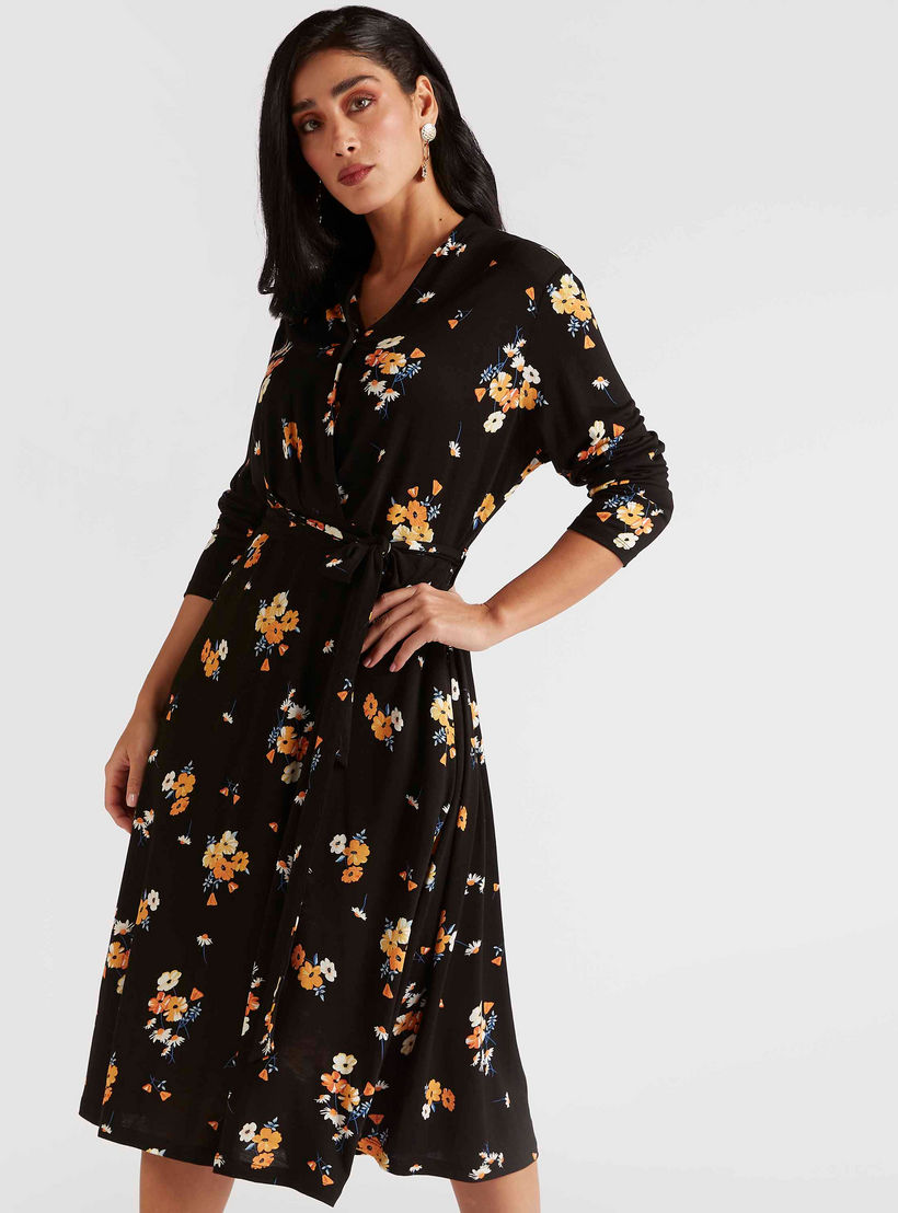 فستان ملفوف ميدي بياقة v وطبعات أزهار وتفاصيل أربطة-women-clothing-dresses-image-1