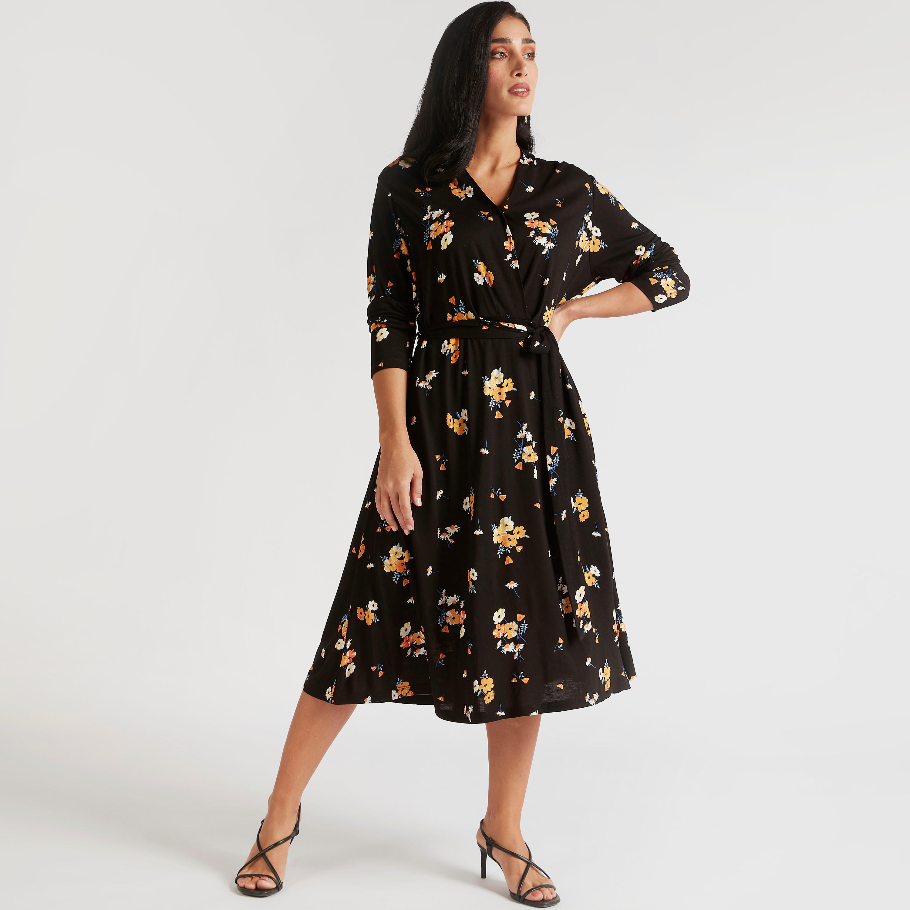 فستان ملفوف ميدي بياقة v وطبعات أزهار وتفاصيل أربطة-women-clothing-dresses-image-2