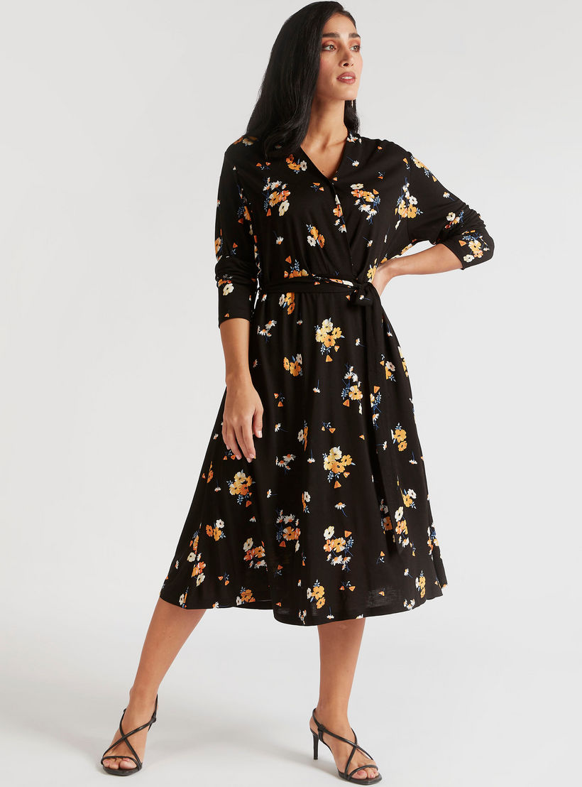 فستان ملفوف ميدي بياقة v وطبعات أزهار وتفاصيل أربطة-women-clothing-dresses-image-2