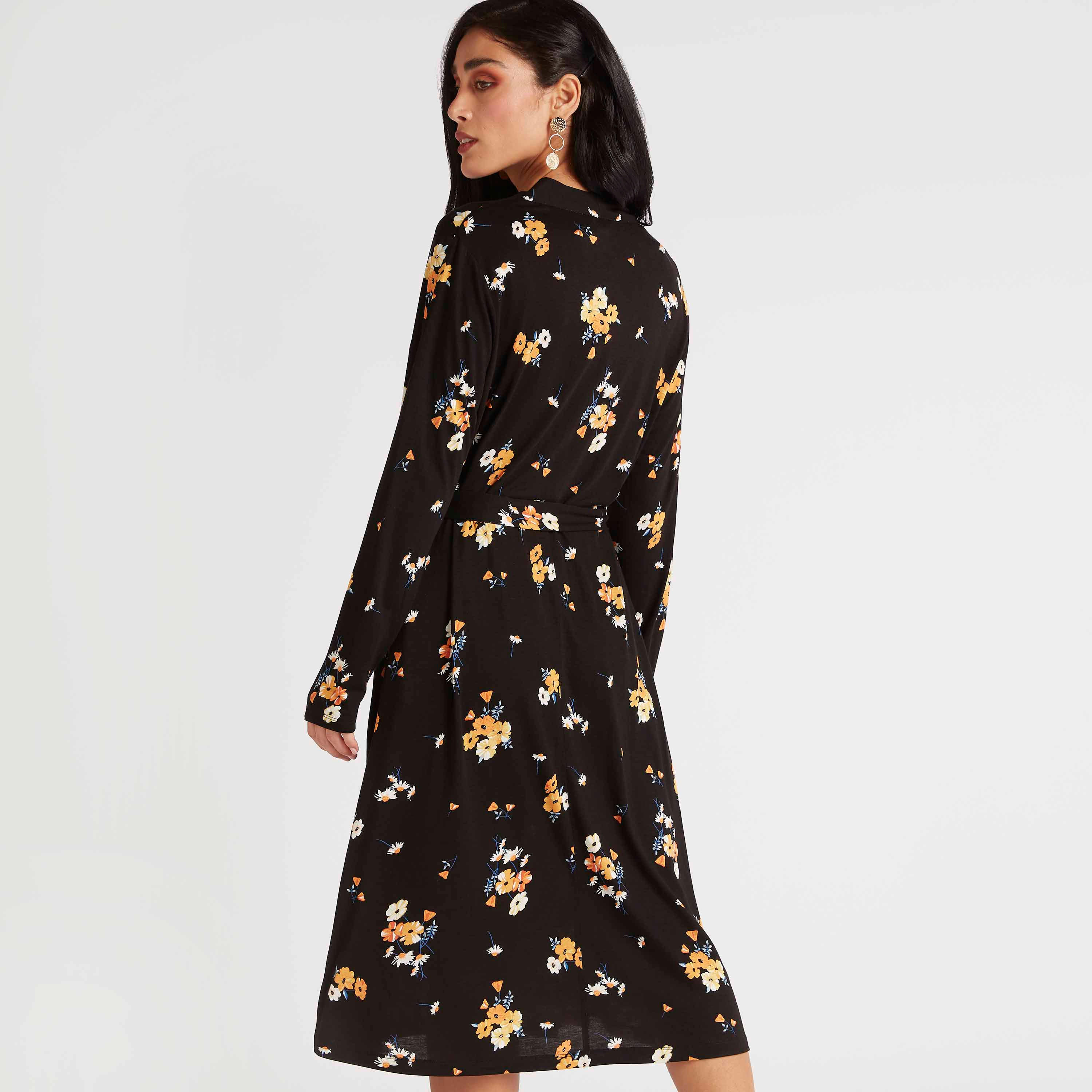 فستان ملفوف ميدي بياقة v وطبعات أزهار وتفاصيل أربطة-women-clothing-dresses-image-4