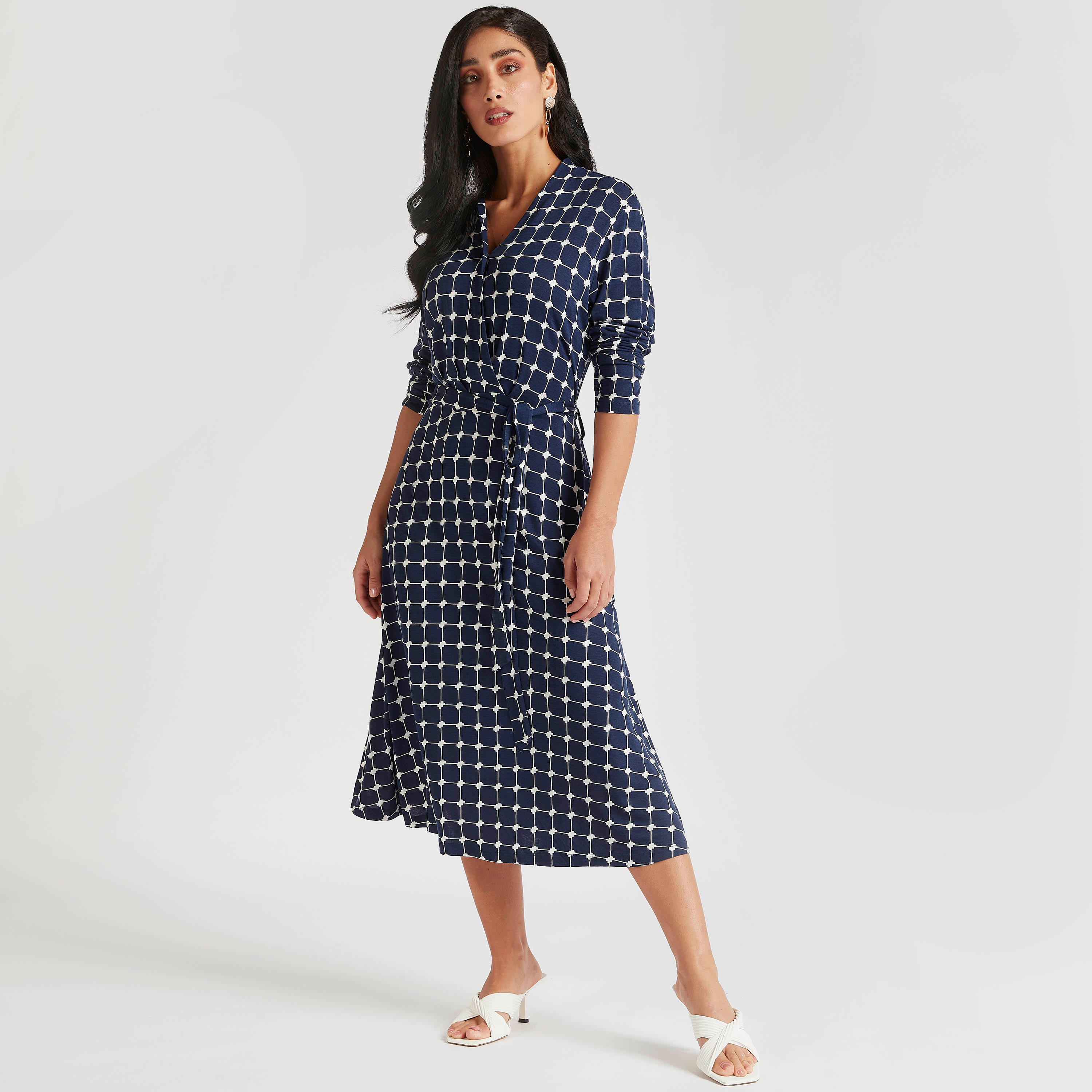 فستان ملفوف ميدي بياقة V مع أربطة على الخصر وطبعات-women-clothing-dresses-image-1