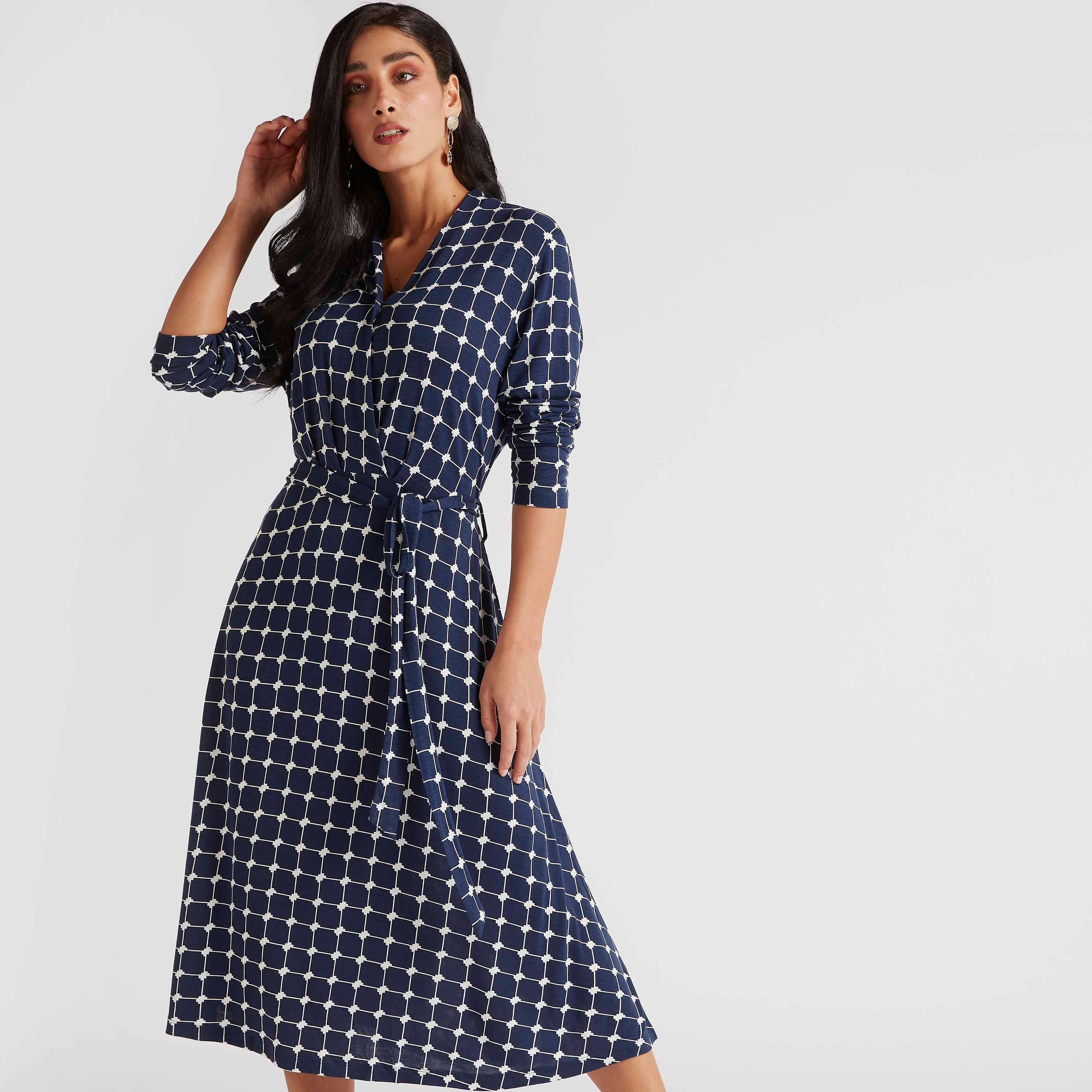 فستان ملفوف ميدي بياقة V مع أربطة على الخصر وطبعات-women-clothing-dresses-image-2