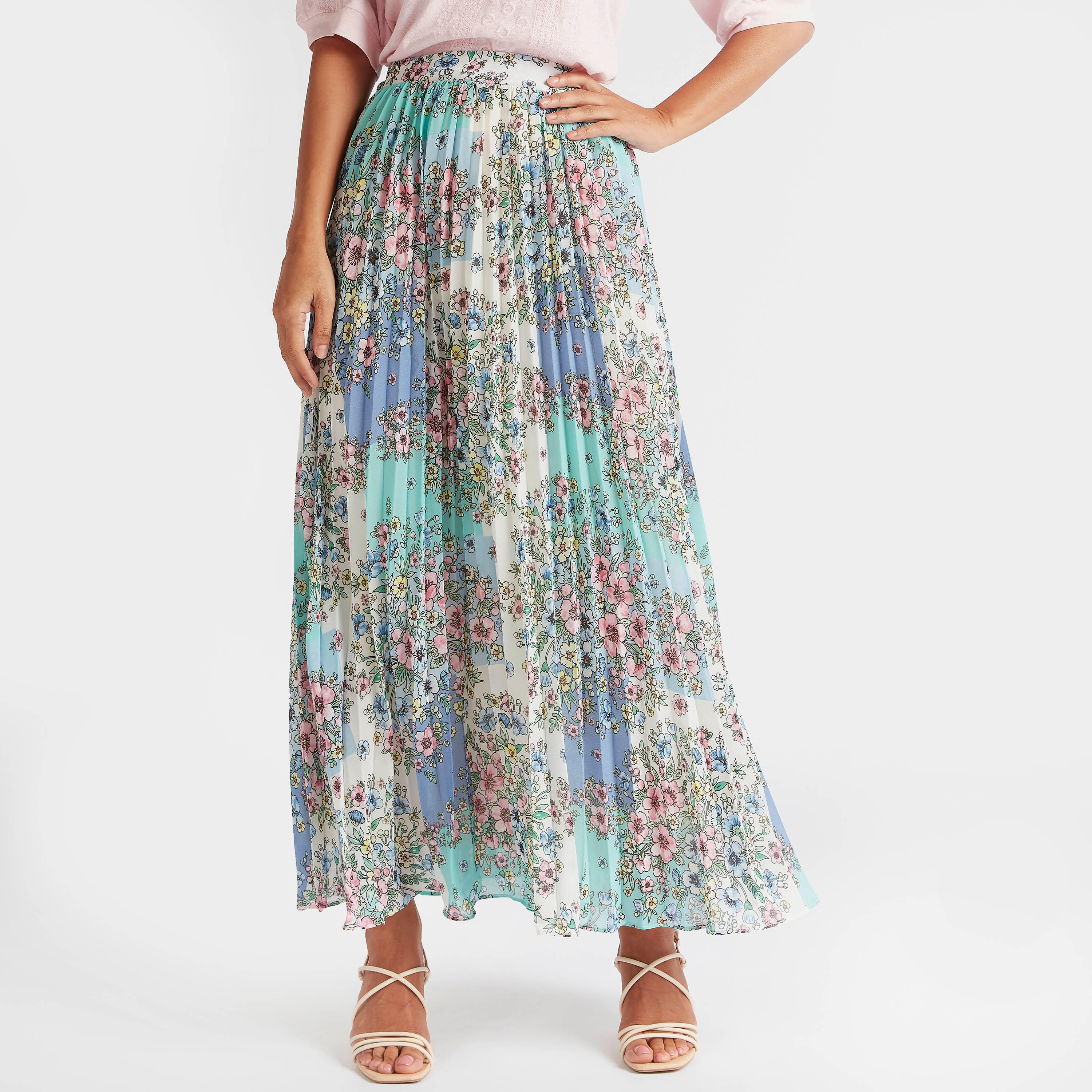 تنّورة طويلة بطبعات أزهار وتفاصيل أكورديون ثنايا-women-clothing-bottoms-skirts-image-1