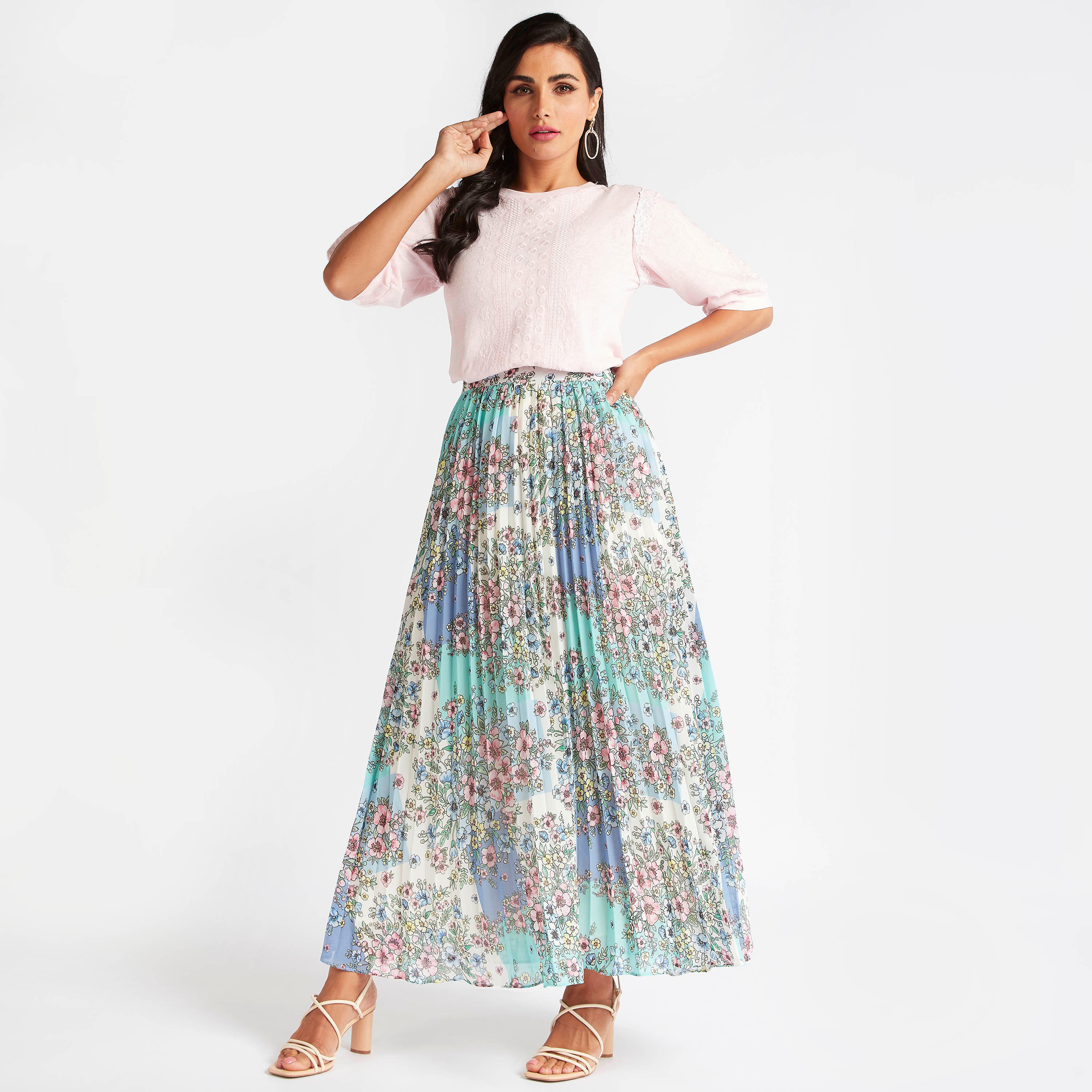 تنّورة طويلة بطبعات أزهار وتفاصيل أكورديون ثنايا-women-clothing-bottoms-skirts-image-2
