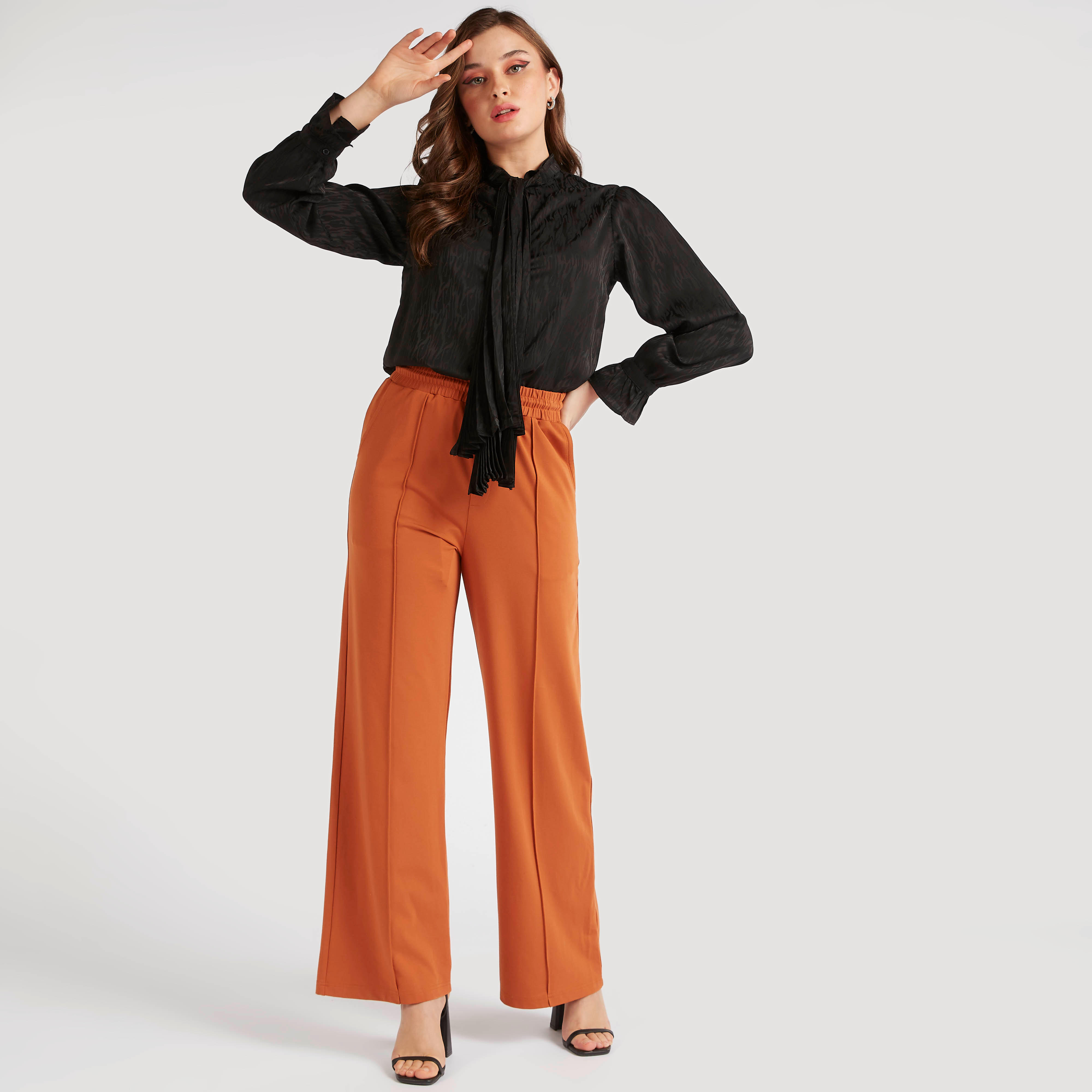 قميص بارز الملمس بأكمام طويلة وربطة عنق-women-clothing-shirtsandblouses-shirts-image-2