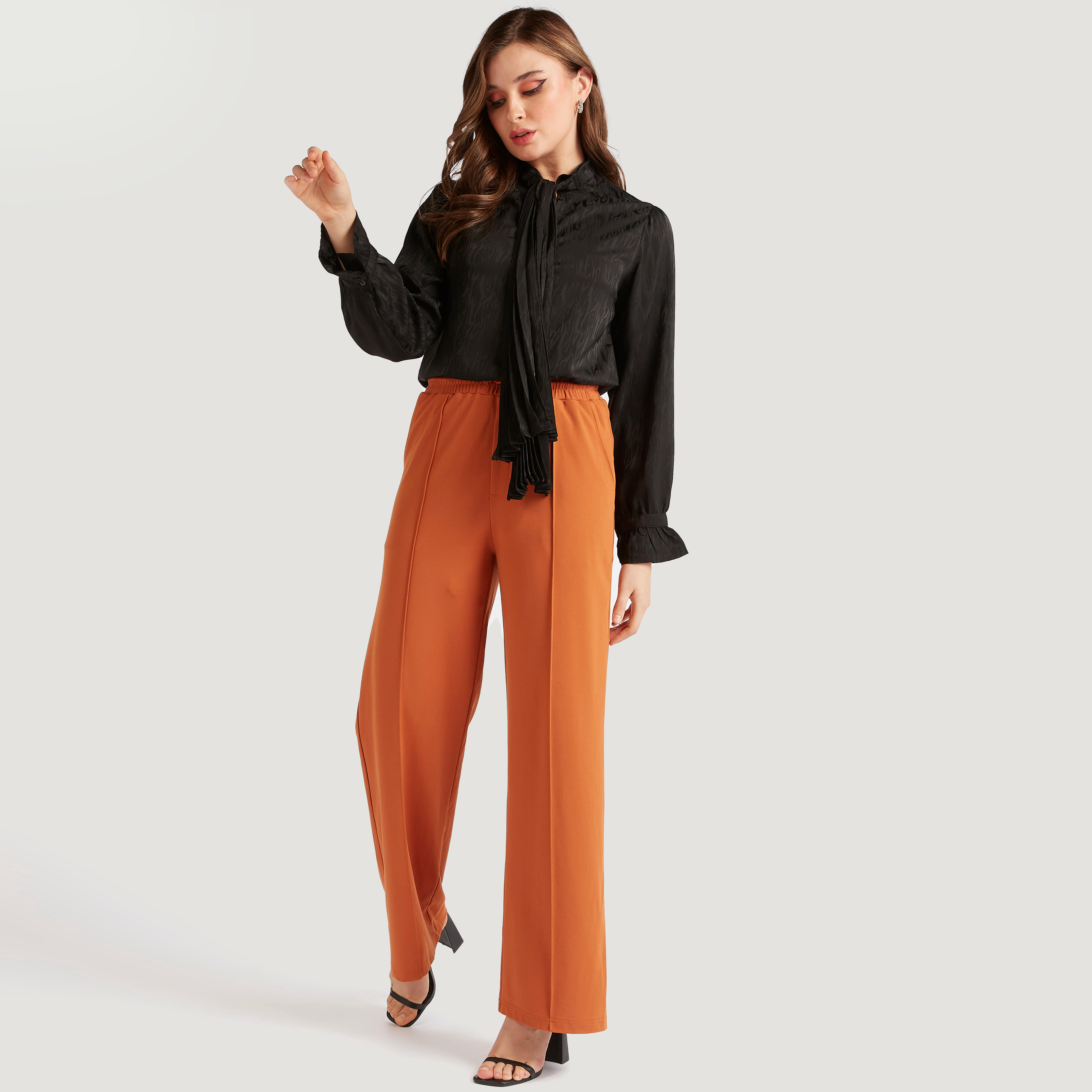 قميص بارز الملمس بأكمام طويلة وربطة عنق-women-clothing-shirtsandblouses-shirts-image-7