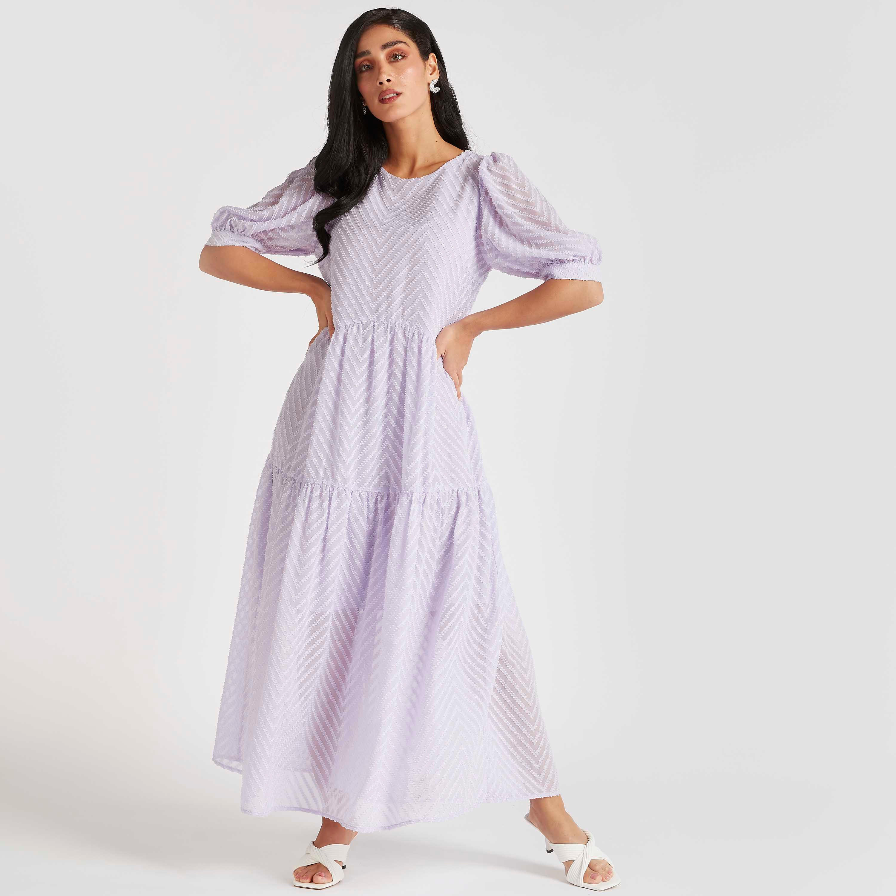 فستان طويل إيه لاين بارز الملمس أكمام منفوخة-women-clothing-dresses-image-5