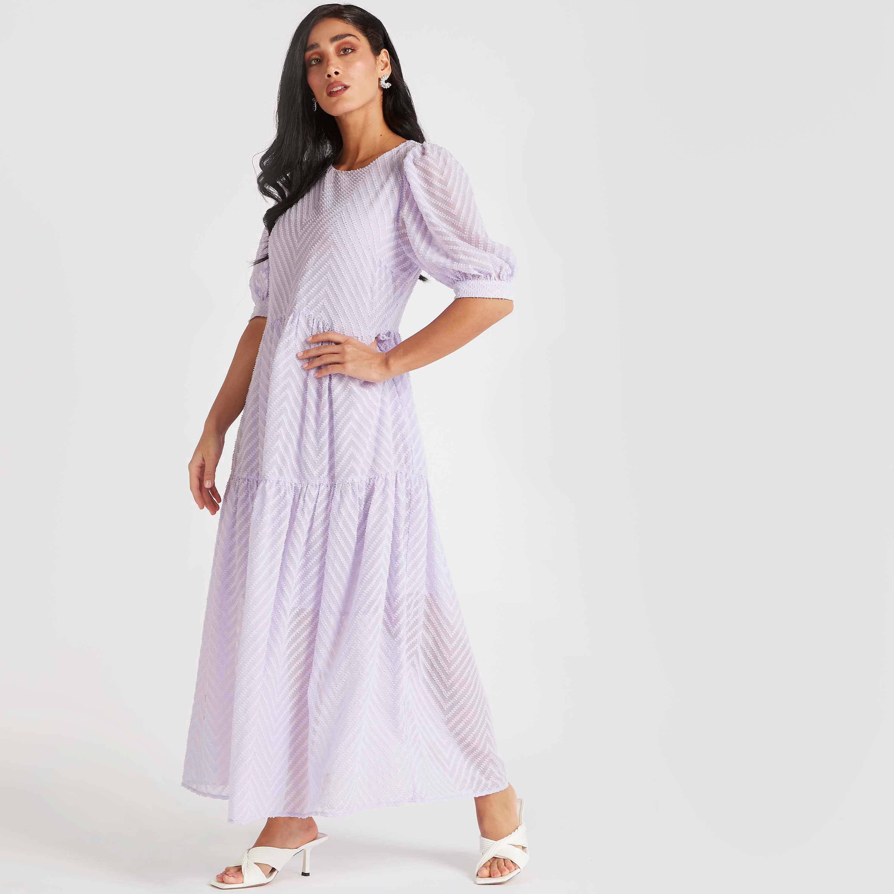 فستان طويل إيه لاين بارز الملمس أكمام منفوخة-women-clothing-dresses-image-4