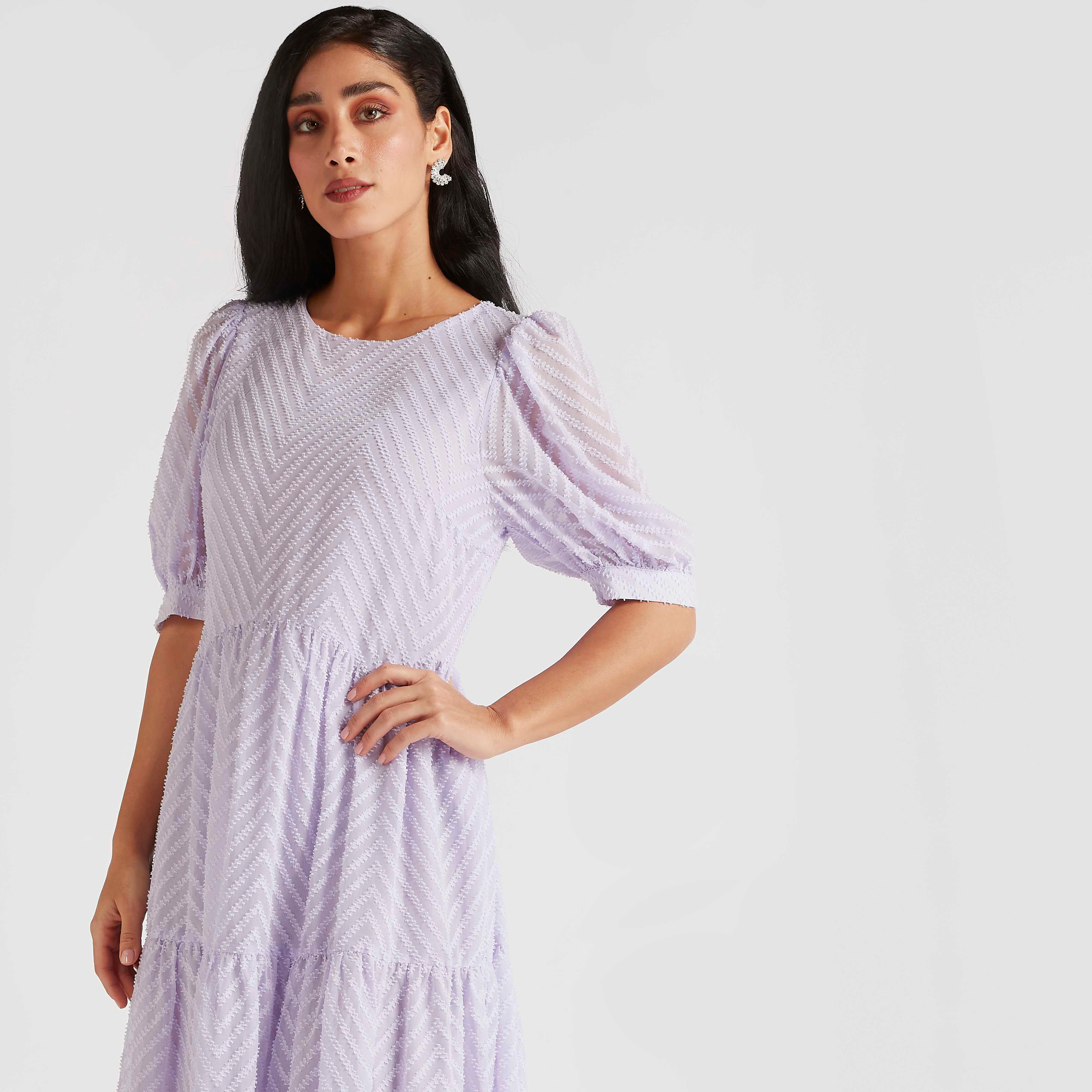 فستان طويل إيه لاين بارز الملمس أكمام منفوخة-women-clothing-dresses-image-1