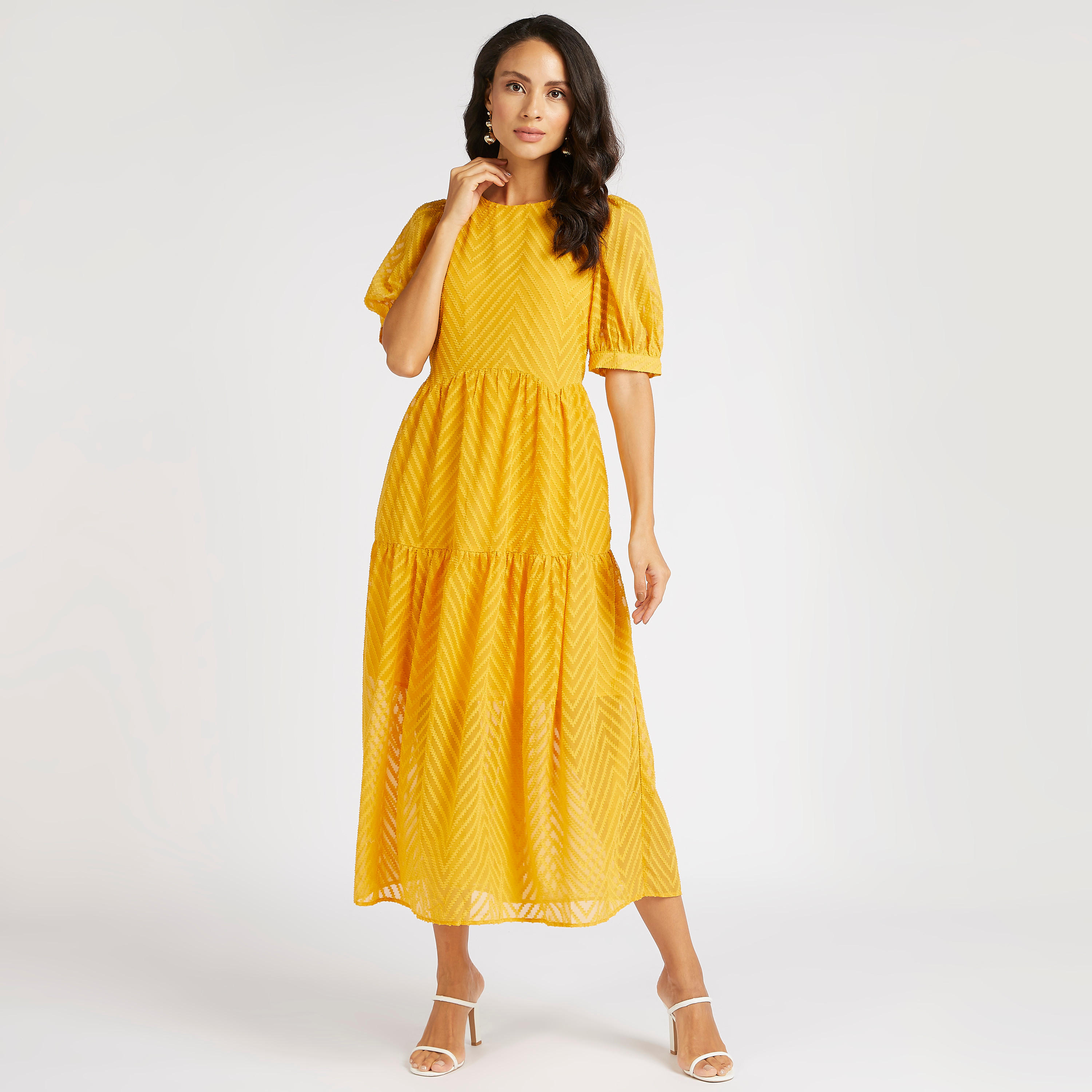 فستان قميص ميدي بارز الملمس بأكمام منفوخة-women-clothing-dresses-image-2
