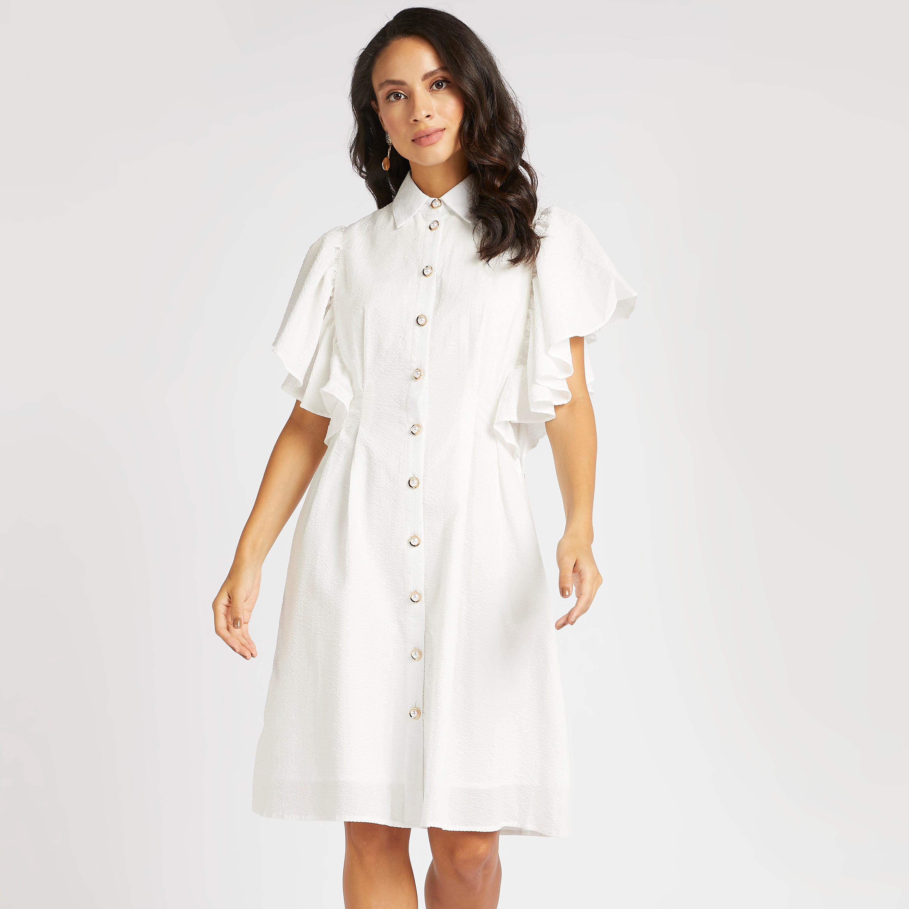 فستان ميدي إيه لاين بارز الملمس بأكمام منفوشة-women-clothing-dresses-image-4