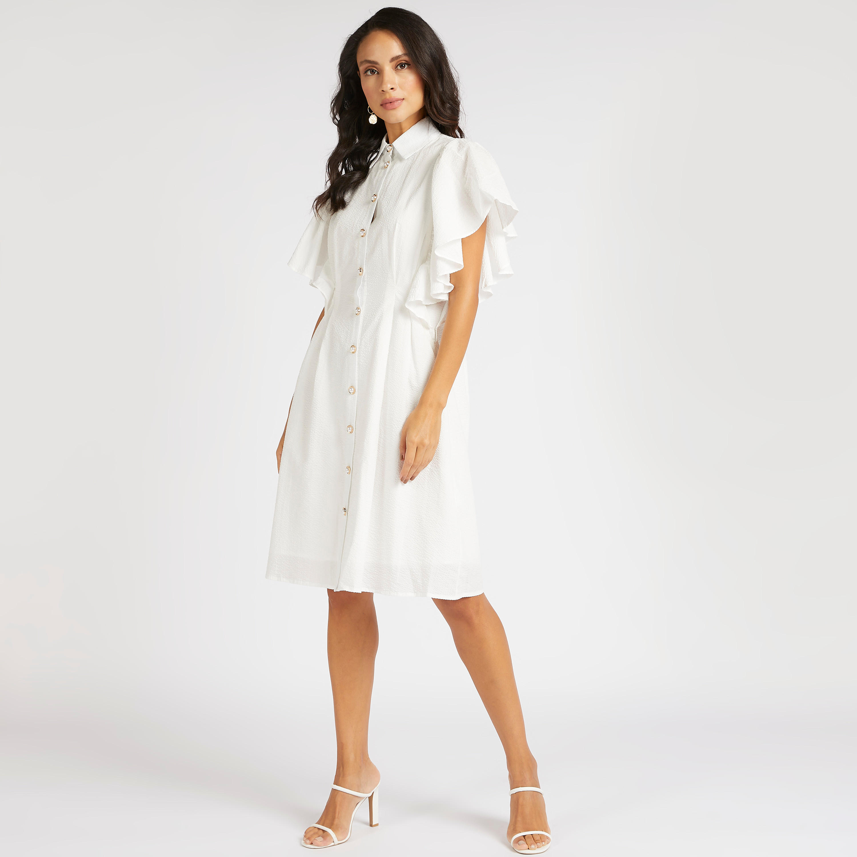 فستان ميدي إيه لاين بارز الملمس بأكمام منفوشة-women-clothing-dresses-image-3