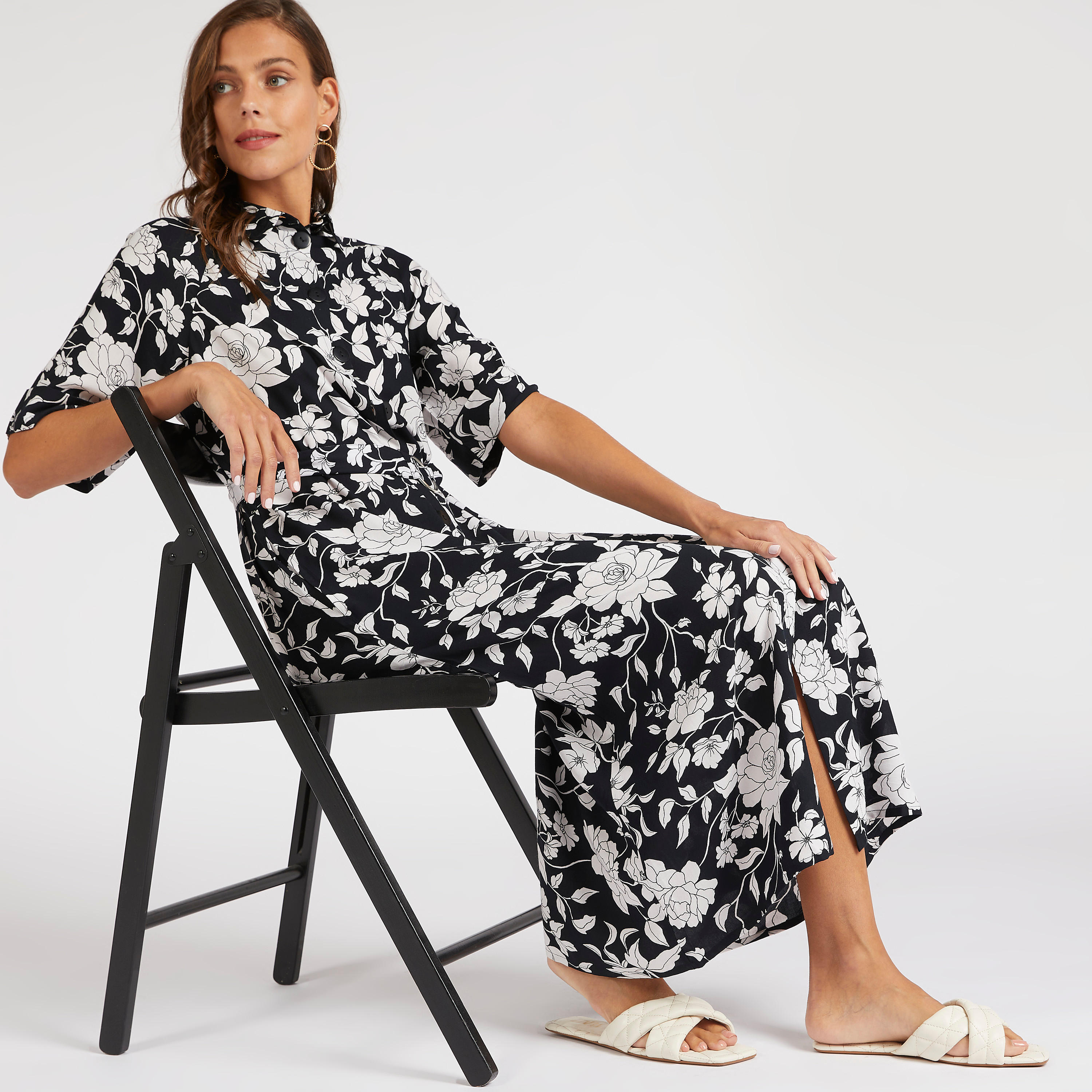 فستان قميص ميدي بطبعات أزهار وياقة عادية وحزام-women-clothing-dresses-image-2