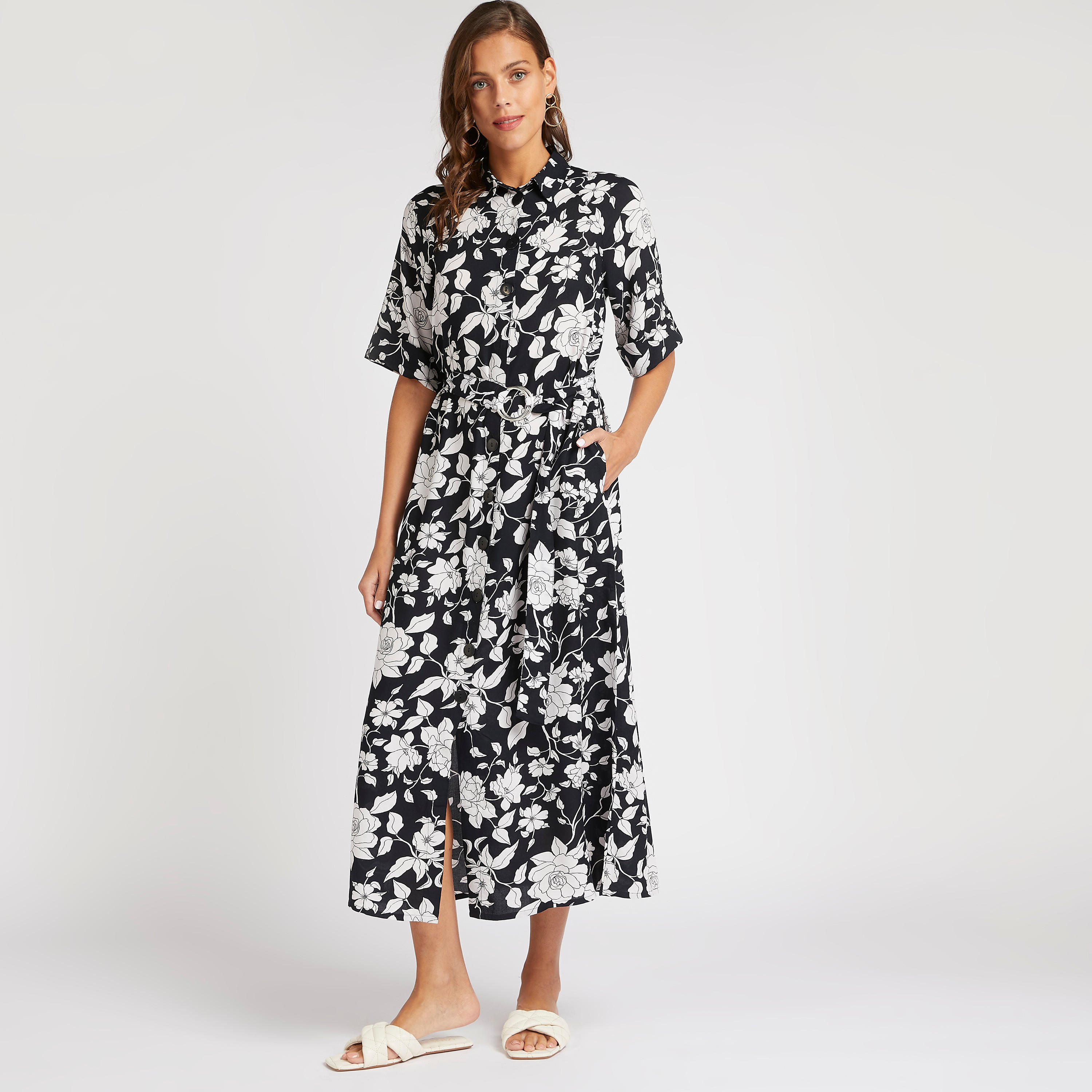 فستان قميص ميدي بطبعات أزهار وياقة عادية وحزام-women-clothing-dresses-image-3