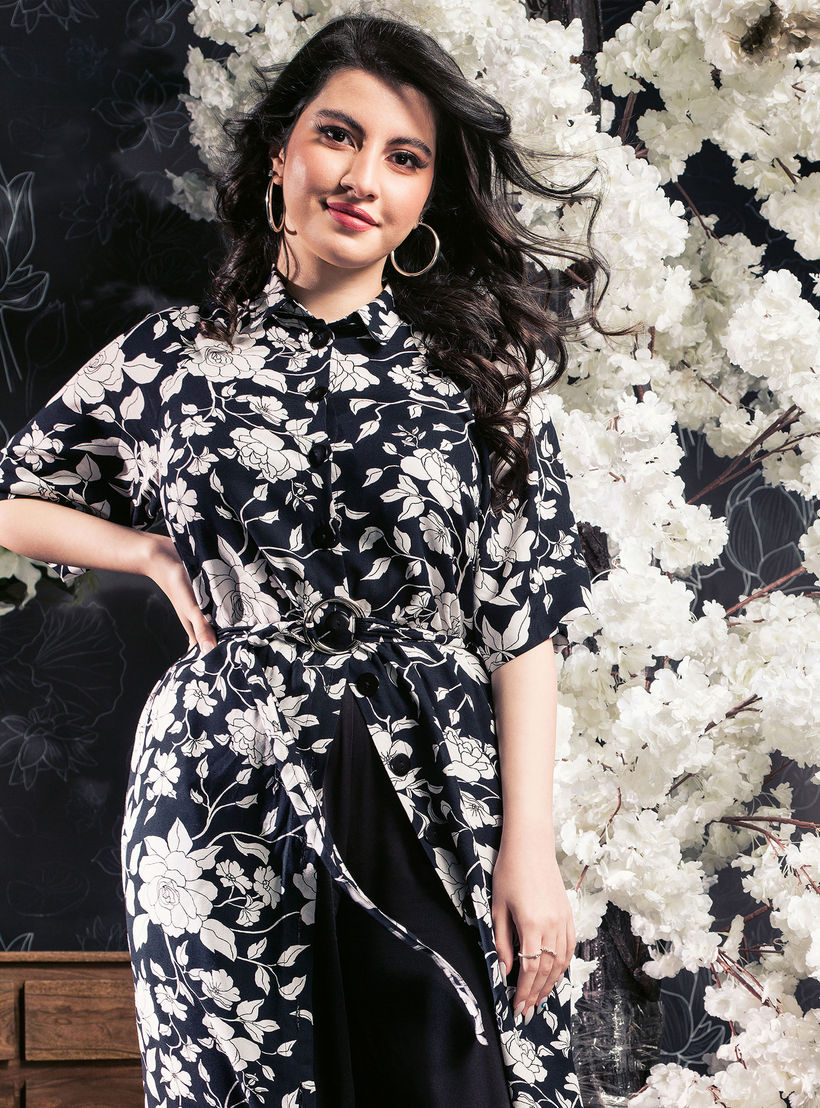 فستان قميص ميدي بطبعات أزهار وياقة عادية وحزام-women-clothing-dresses-image-1