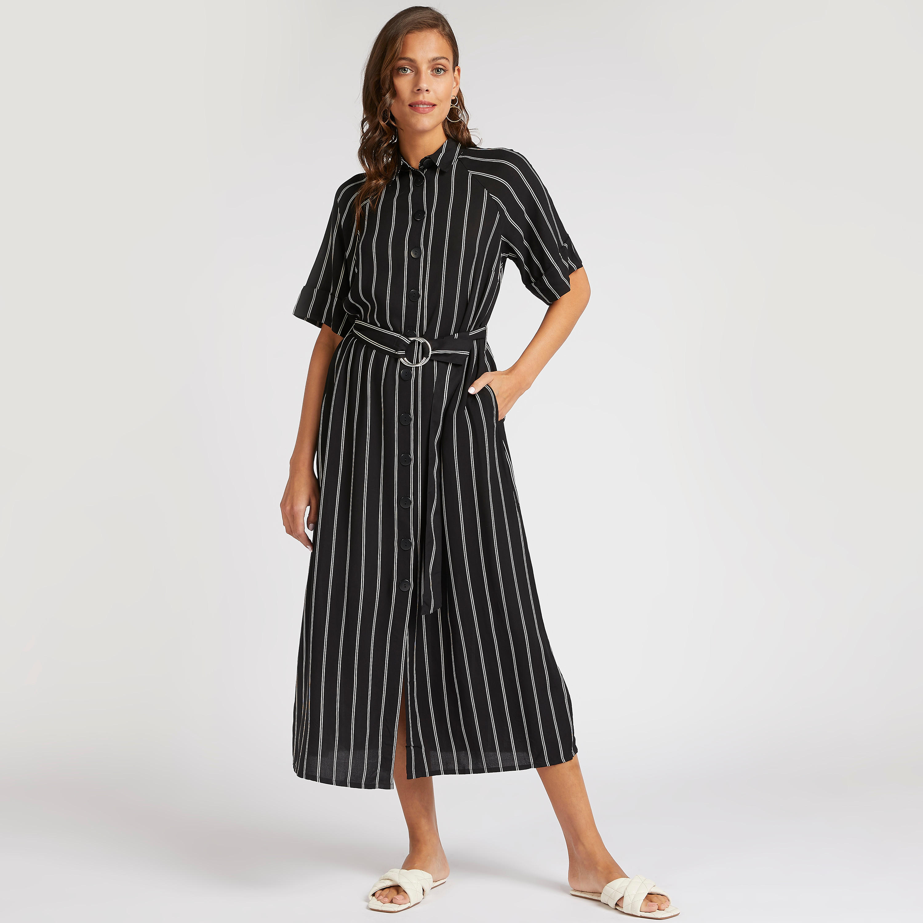 فستان ميدي مقلّم بياقة عادية وأكمام قصيرة-women-clothing-dresses-image-1